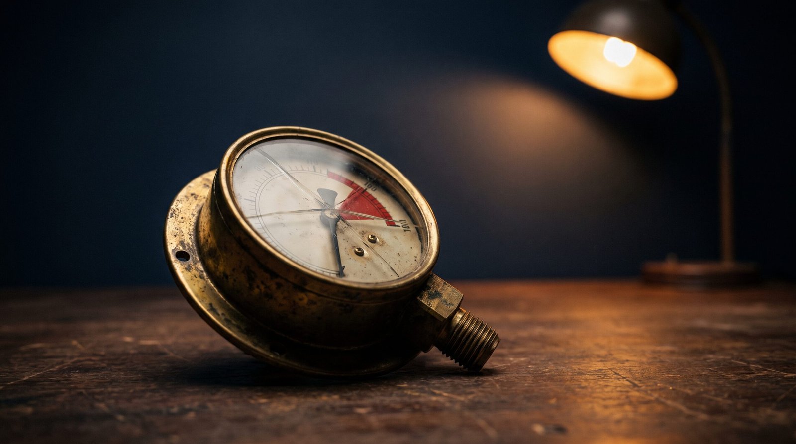 A vintage brass pressure gauge lying on its side on a dark wood surface, the cracked glass face with a single hairline fracture, the needle pushed into a red zone past the maximum mark, a warm tungsten desk lamp glowing softly in the background against a deep navy wall