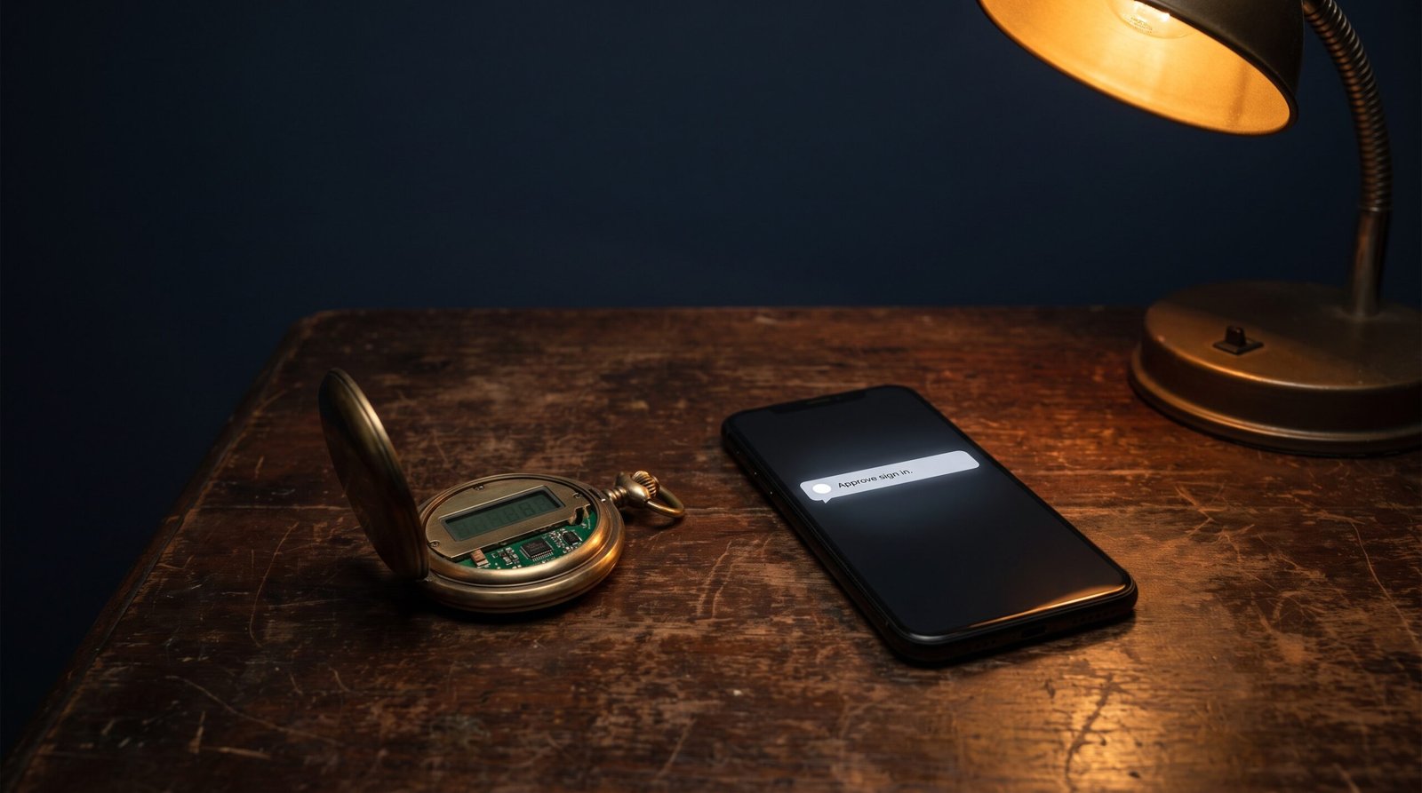 A worn brass pocket watch lying open on a dark wood desk with its inner workings exposed, beside it a black smartphone showing a single floating notification reading Approve sign in, all lit by a warm brass desk lamp against a deep navy wall