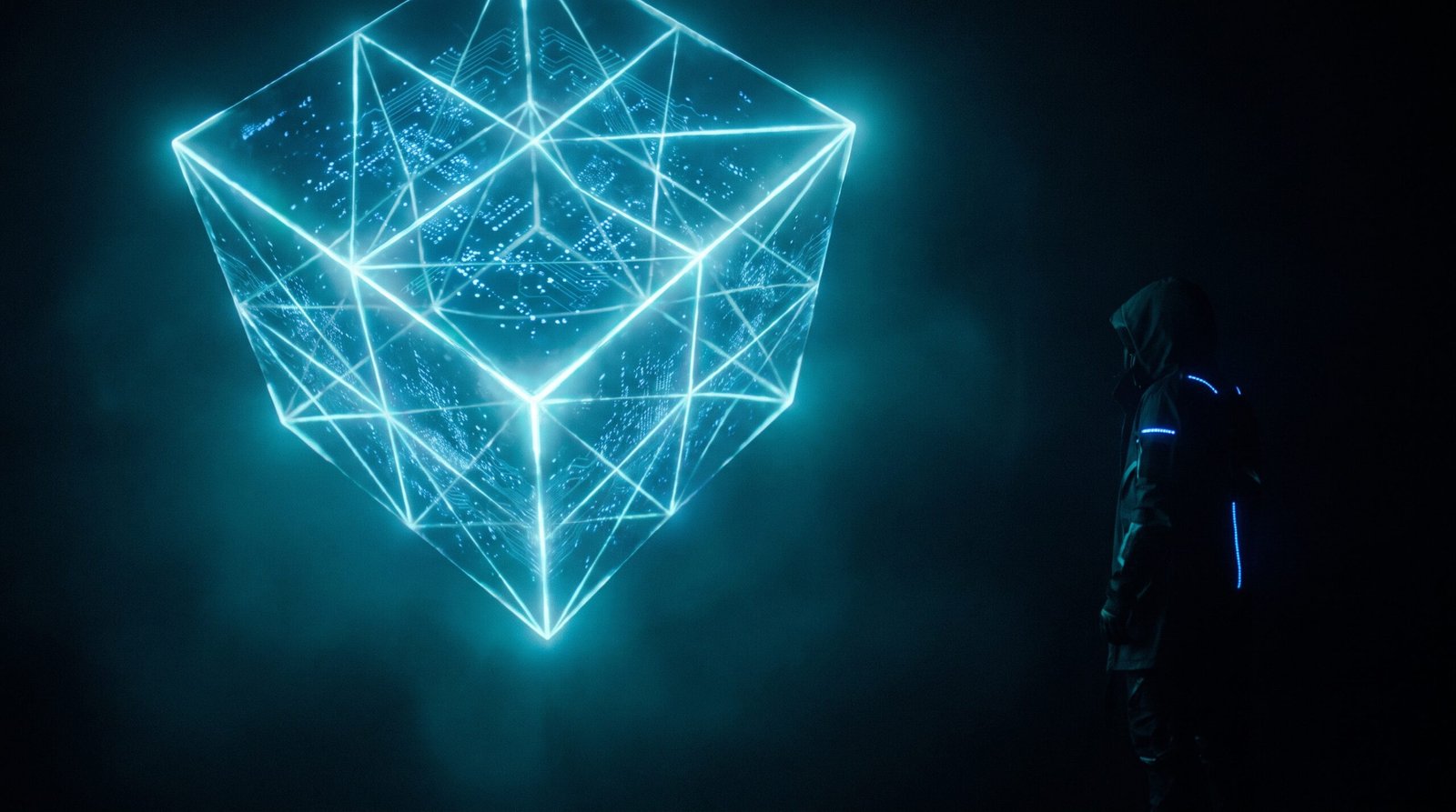 Dark cinematic editorial image for A Field Guide to the Vendor Questionnaire - abstract cyan digital composition, hacker aesthetic, no text no logos