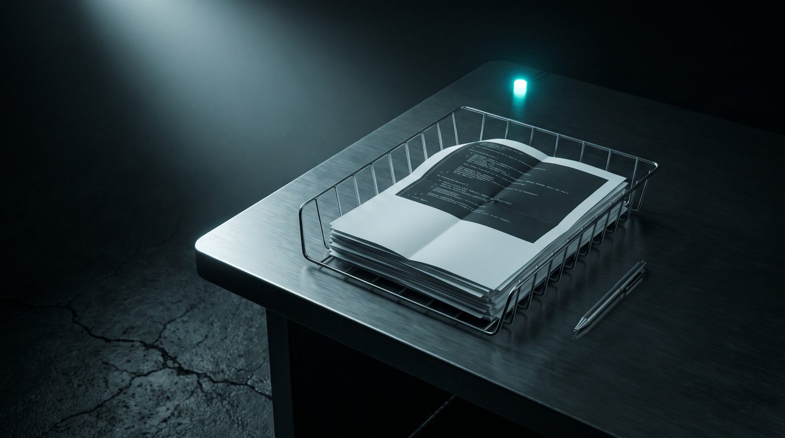 A steel wire inbox tray on a brushed steel desk holding a stack of printed white paper pentest reports, the top report folded back to reveal monospaced text rows, a single cold cyan LED status pin glowing at the back edge of the desk, a steel pen set down on the desk, cracked dark concrete visible in the foreground, deep blacks and charcoal with cold cyan accent only, single cold beam from above-left, deep chiaroscuro, no people no text no logos.