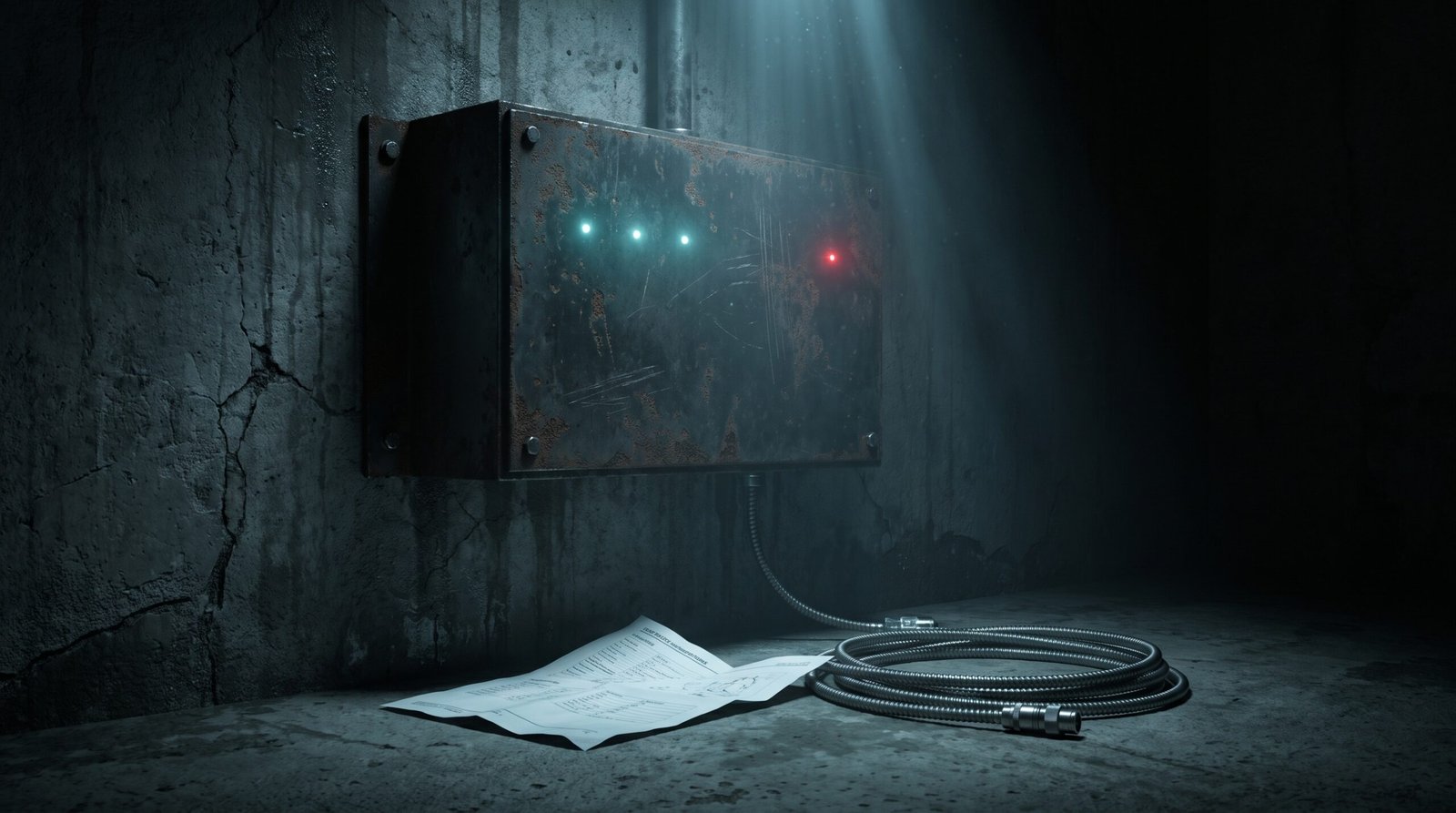 A worn dark steel patch panel mounted on cracked dark concrete, three small dim cyan LED indicators and one small electric red peak LED, a printed white spec sheet folded and discarded on the concrete below the panel, a steel-jacketed cable coiled next to it, deep blacks and charcoal with cold cyan and red accents only, single cold beam from above, deep chiaroscuro, no people no text no logos.