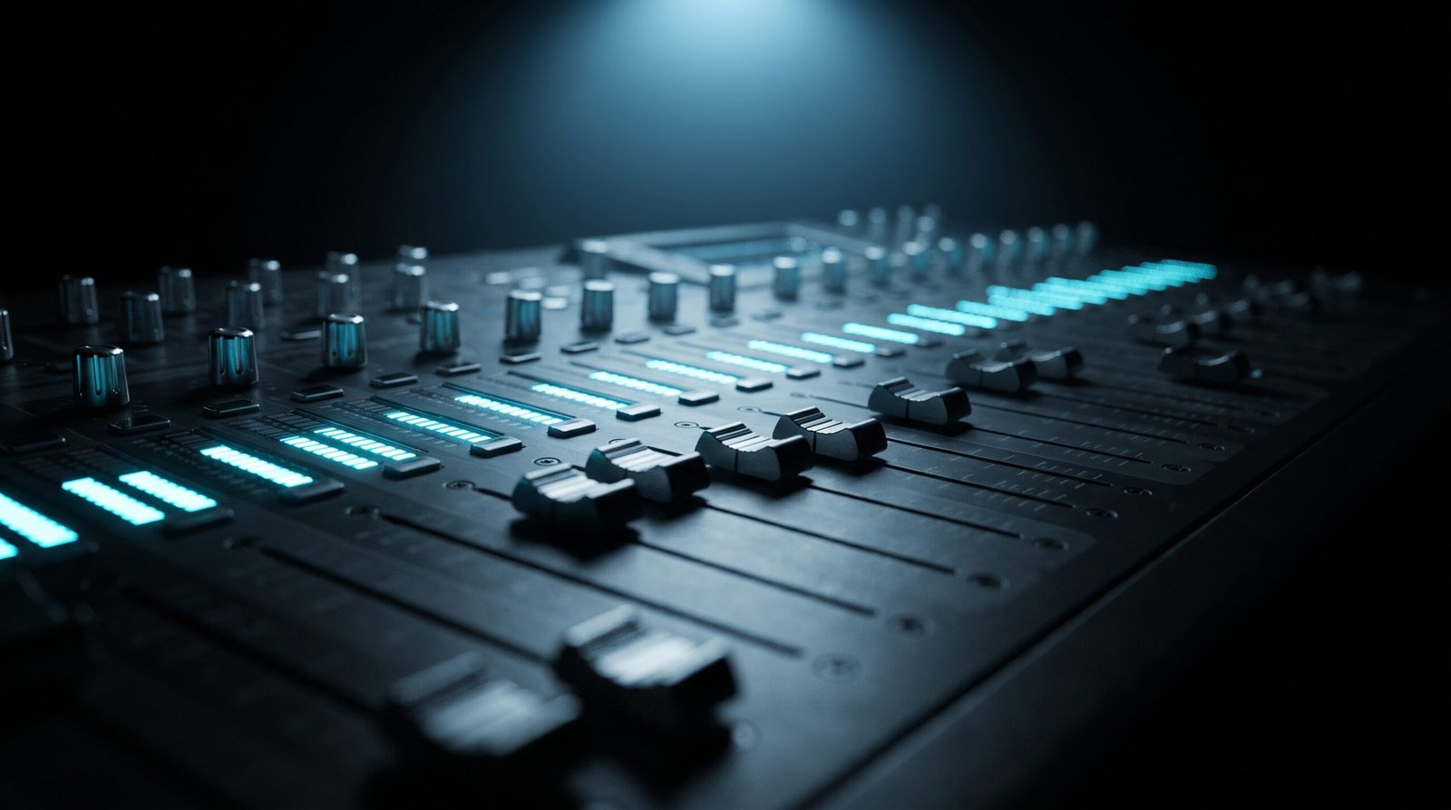 A modern digital audio mixing console in a darkened studio, cold cyan LED level meters glowing across the channel strips, brushed steel faders and chrome knobs, single cold blue overhead spotlight, deep blacks and charcoal with restrained cool cyan accent, 16:9 widescreen editorial photography, no people no text no logos no warm tones no amber no vintage lamp no sepia no wood