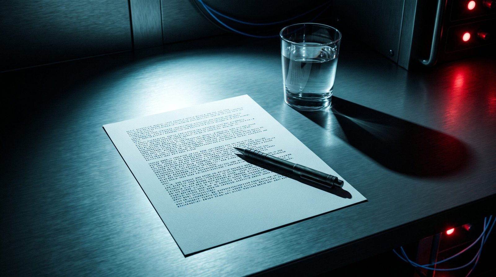 A corporate boardroom on a dark background, a long table with empty leather chairs, one chair at the head of the table is labeled 'cyber' in small cyan text, suggesting a seat that has been recently added to a traditional structure.