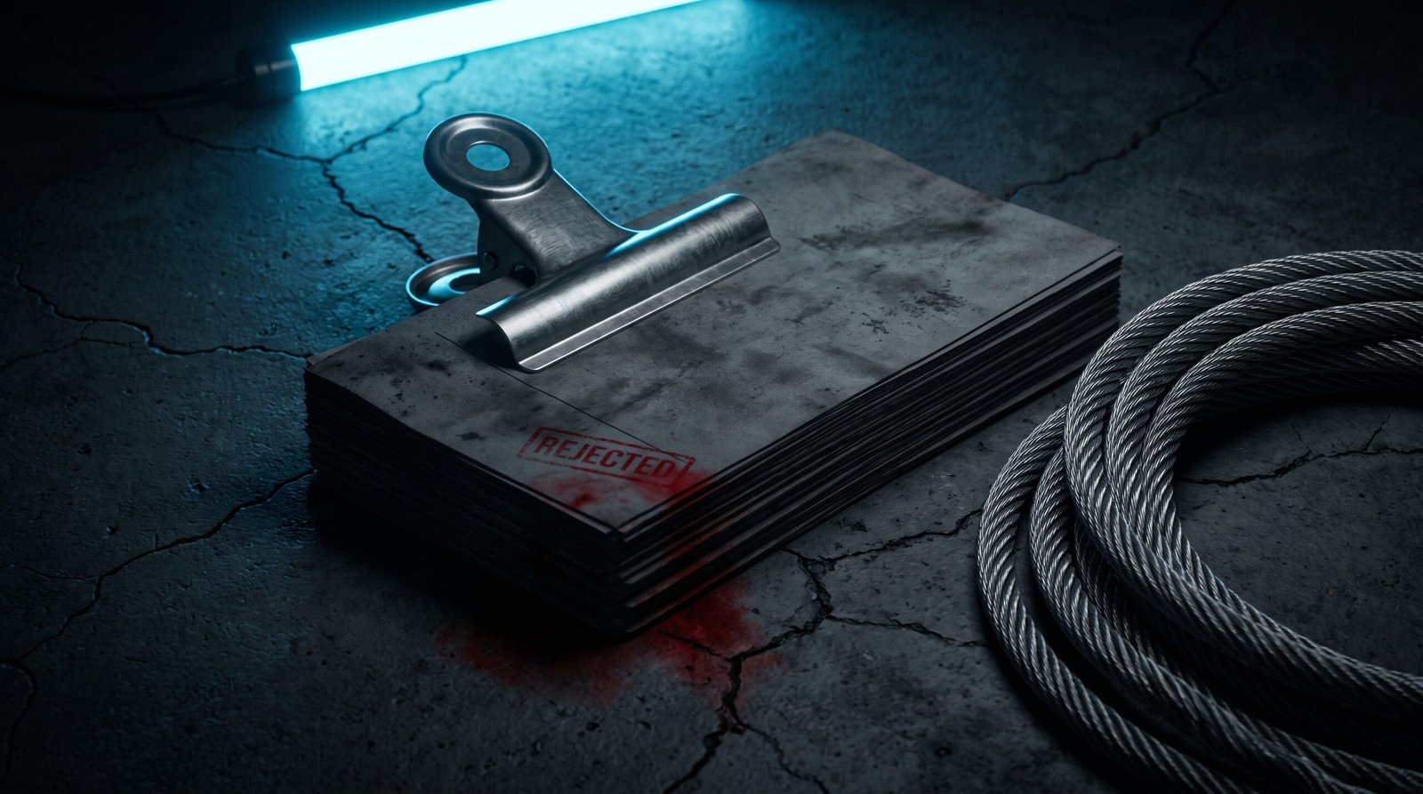 A heavy steel binder clip binding a stack of stamped-but-rejected cyber insurance claim forms on a cracked dark concrete floor under a cold cyan overhead LED work light, the topmost form bearing a single bright red ink REJECTED stamp bleeding at the corner, a steel-jacketed armored cable coiled next to it, deep blacks and brushed steel with cold cyan and electric-red accents only, deep chiaroscuro, no people no readable text on the forms no logos.