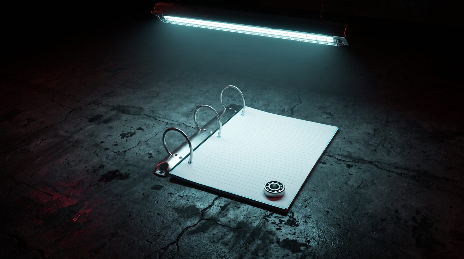 An open brushed-steel binder ring mechanism holding a single blank ruled page, set on cracked dark concrete under a cold cyan overhead LED fluorescent work light, a small steel ball bearing placed at one corner as a paperweight, deep blacks and brushed steel with cold cyan and one muted red rim accent only, dramatic chiaroscuro, no people no readable text no logos.