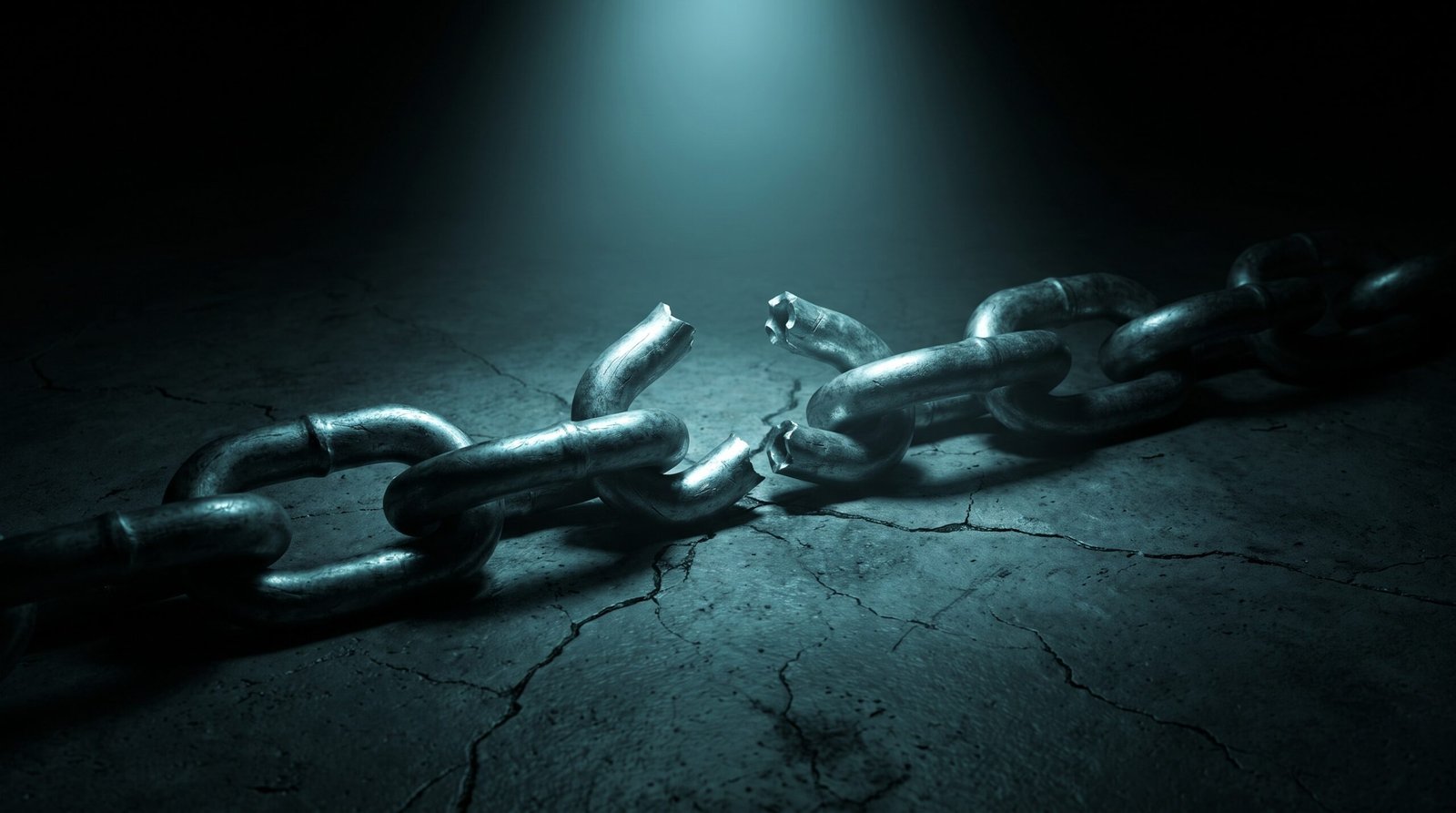 A heavy steel chain with one link snapped open and broken, lying on a dark cracked concrete floor, a single cold cyan overhead spotlight catches the broken steel edge, deep blacks and charcoal with cold cyan rim light, dramatic chiaroscuro, no people no text no logos.