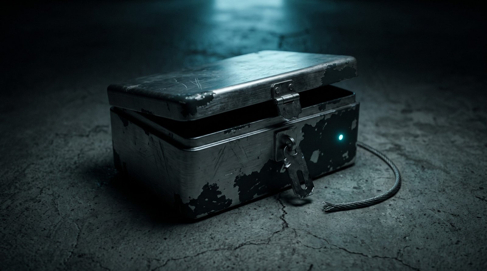 A small worn brushed-steel lockbox with chipped black paint on cracked dark concrete, hasp open and lid ajar, a steel cable cut and trailing out, a single cold cyan LED status pin glowing on the box, deep blacks and charcoal with cold cyan rim light, no people no text no logos.