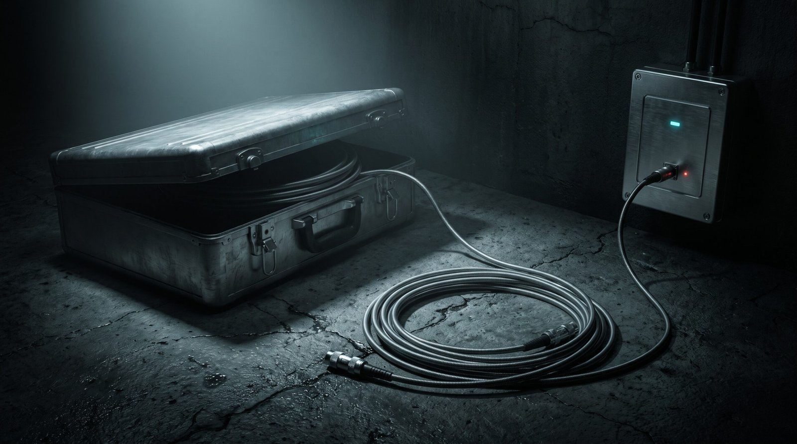 An open brushed-steel briefcase on cracked dark concrete floor, a coiled steel-jacketed fibre-optic cable spilling out toward a brushed-steel wall-mounted data-tap housing with one dim cyan LED and one small red peak LED, deep chiaroscuro with a single cold beam from above-left, deep blacks and charcoal with cold cyan and red accents only, no people no text no logos.