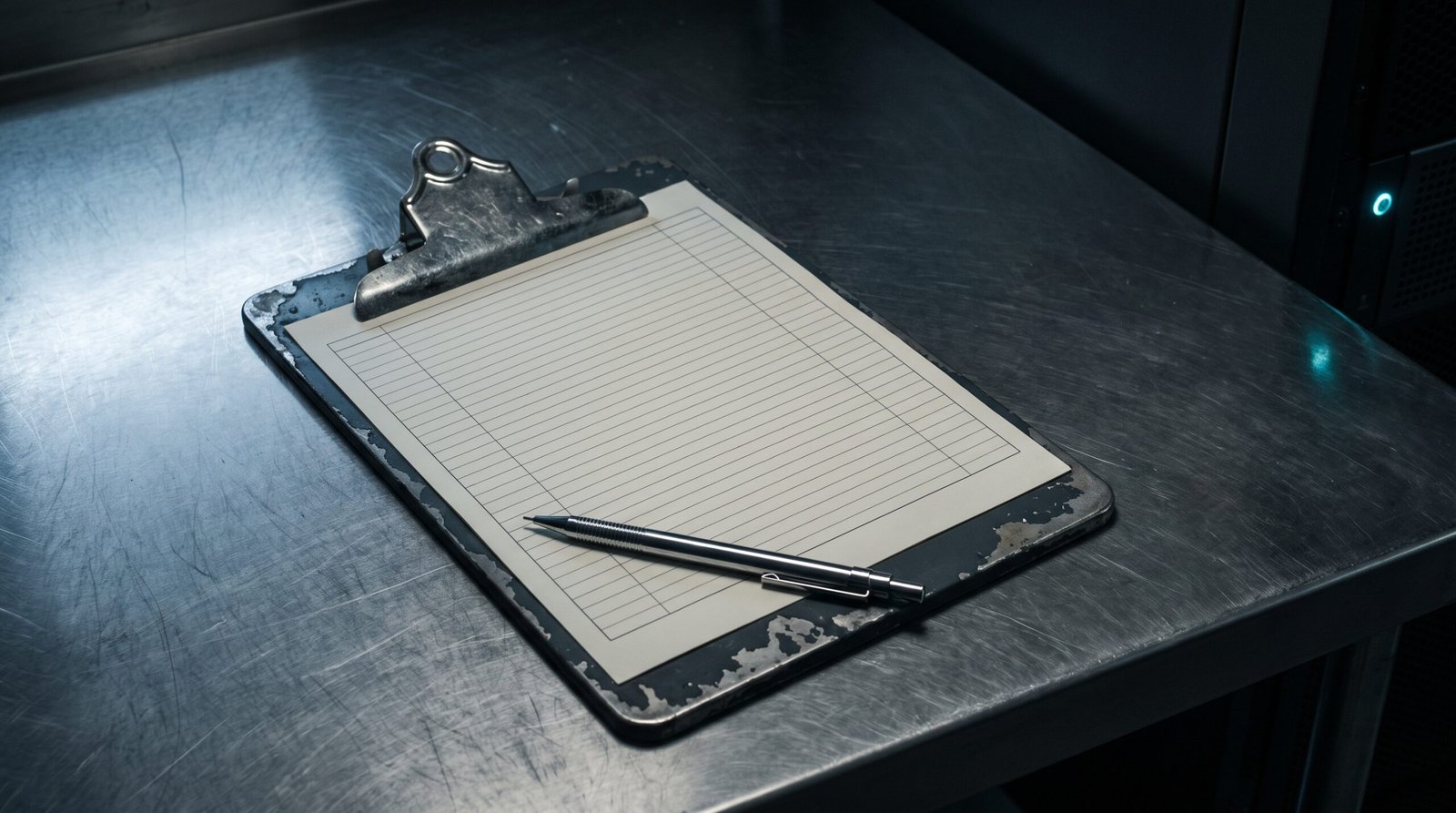 A worn steel clipboard with a single completely blank ruled log sheet clipped to it, a chrome stylus resting on the page, on a brushed steel desk with a small server rack in the background showing a dim cyan LED, single cold side light, deep charcoal and steel grey palette with one faint cyan accent, no text on the page, no people no logos.