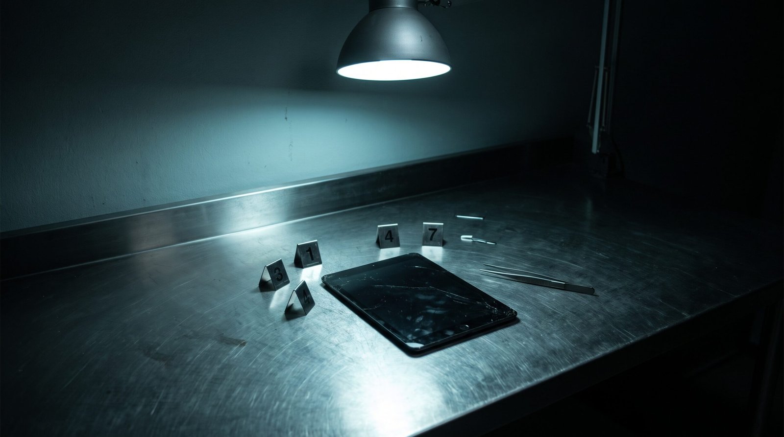 A steel evidence bench under a cold overhead lamp, several small numbered steel evidence markers scattered beside a cracked tablet lying face down, a pair of steel tweezers resting on the bench, cold cyan light, deep blacks and charcoal, no people, no readable text, no logos.