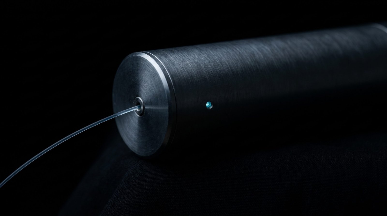A macro shot of a cylindrical steel drive enclosure with a single thin fibre strand emerging from one end, one small dim cyan indicator on the housing, cold steel and deep black background, deep blacks and charcoal with one restrained cold cyan accent, no people, no text, no logos.