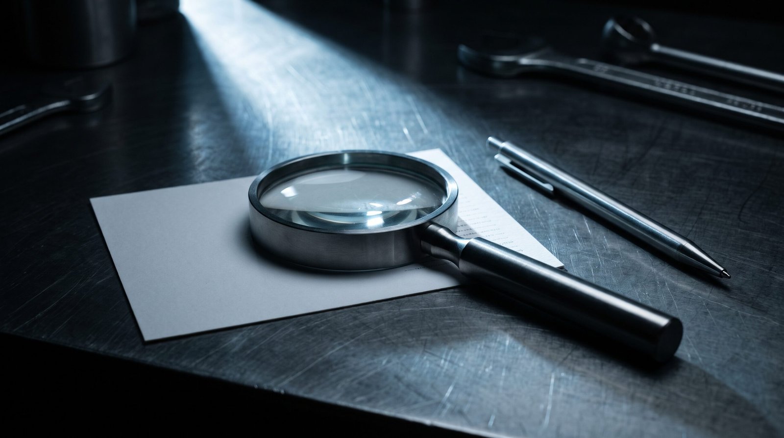 A heavy steel magnifying glass laid over a plain white card on a brushed steel bench, the card edge showing faint monospaced lines that are not legible, a steel pen set down beside it, single cold beam from above-left, deep blacks and charcoal, no people, no logos.