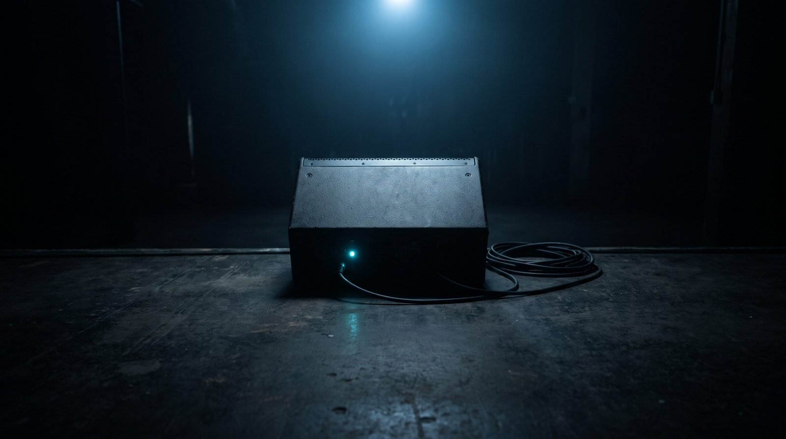 Tech-noir editorial image: a cold-steel stage monitor wedge on a dark concrete stage floor with one dim cyan light on its back panel.
