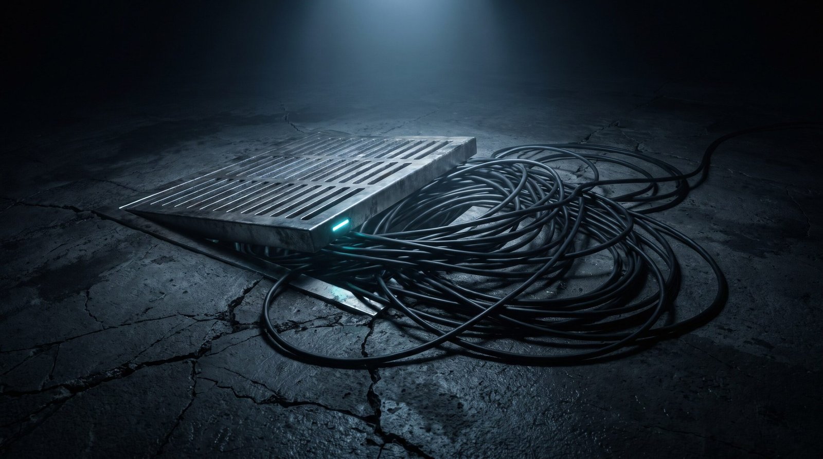 A stainless-steel drainage grate set into a cracked dark concrete floor, choked with a tangled mass of black fibre optic cable spilling out and coiling across the concrete, one dim cyan light