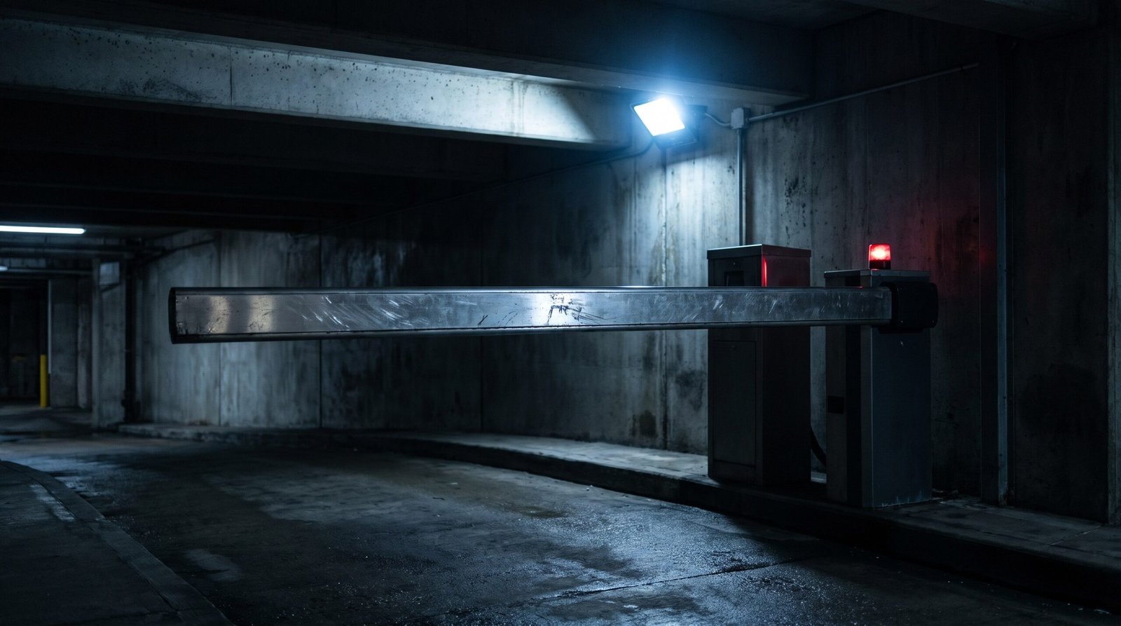 A stainless-steel boom barrier gate arm raised horizontally across a dark concrete vehicle lane, the arm scuffed and chipped, one small red lamp on the housing
