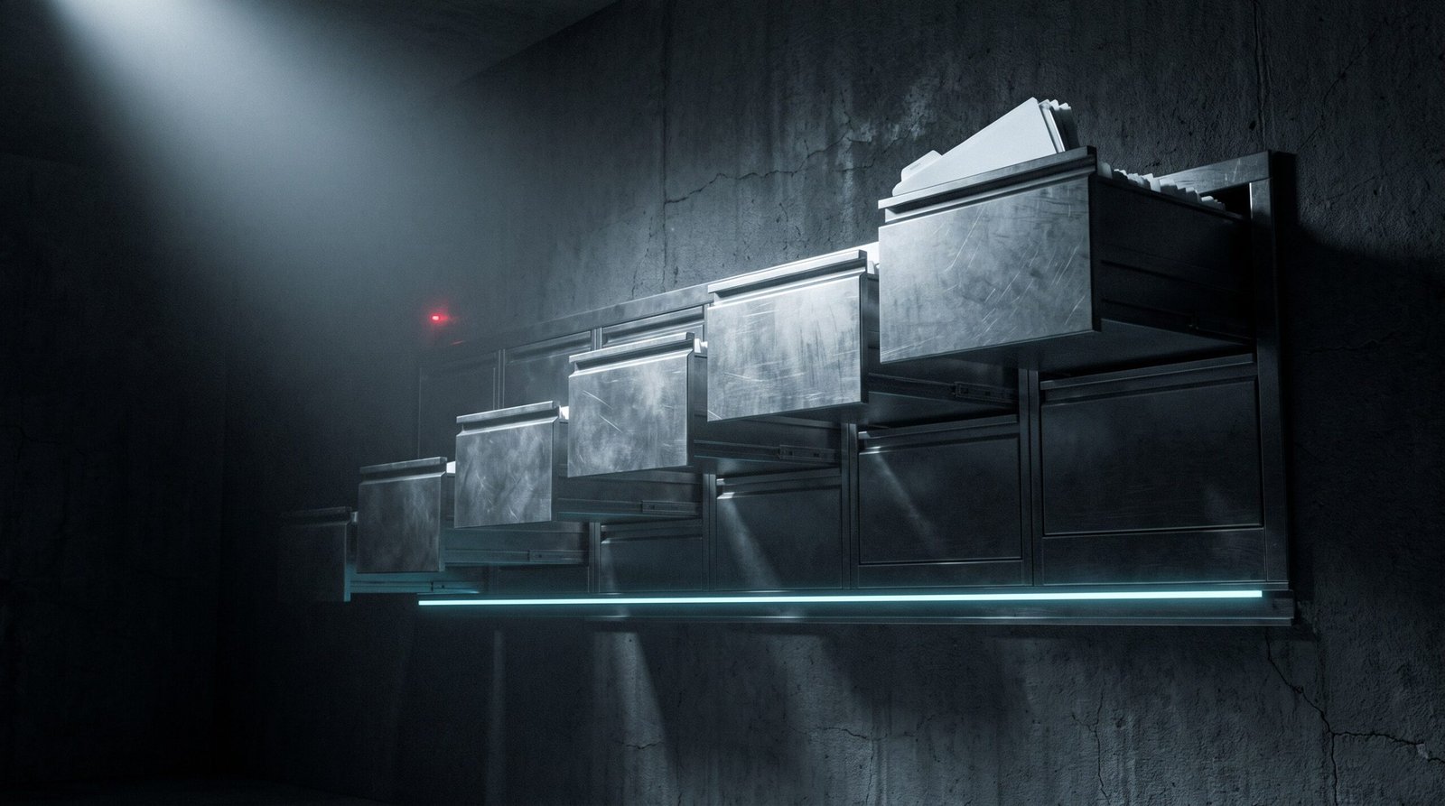 Tech-noir editorial image: a long low bank of shallow brushed-steel filing drawers recessed into a dark concrete wall, six drawers pulled open in a rising diagonal like a breaking wave with cold-white case pages inside each, one cold beam from above-left, one dim cyan light strip and one small red light deep in the room.