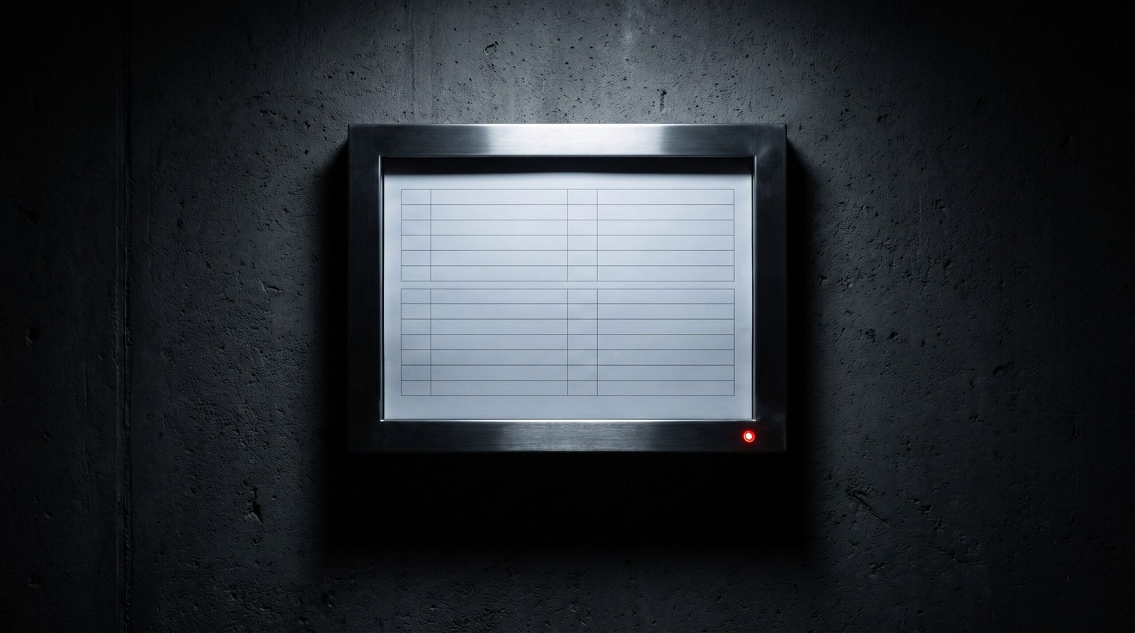 Tech-noir editorial image: a thin steel document frame on a concrete wall holding a cold-white sheet printed only with empty form fields, one small red light on the frame.
