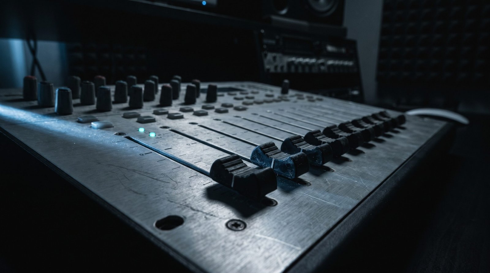 Tech-noir editorial image: a cold-steel mixing desk fader bank in a dark studio with one fader pulled fully down, one dim cyan light.