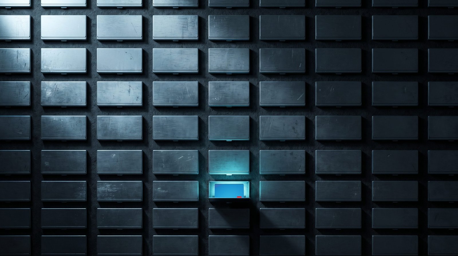 Tech-noir editorial image: a wall of small steel letterbox-style certificate slots in a tight grid, most closed and unlit, one standing open with cold cyan light inside.