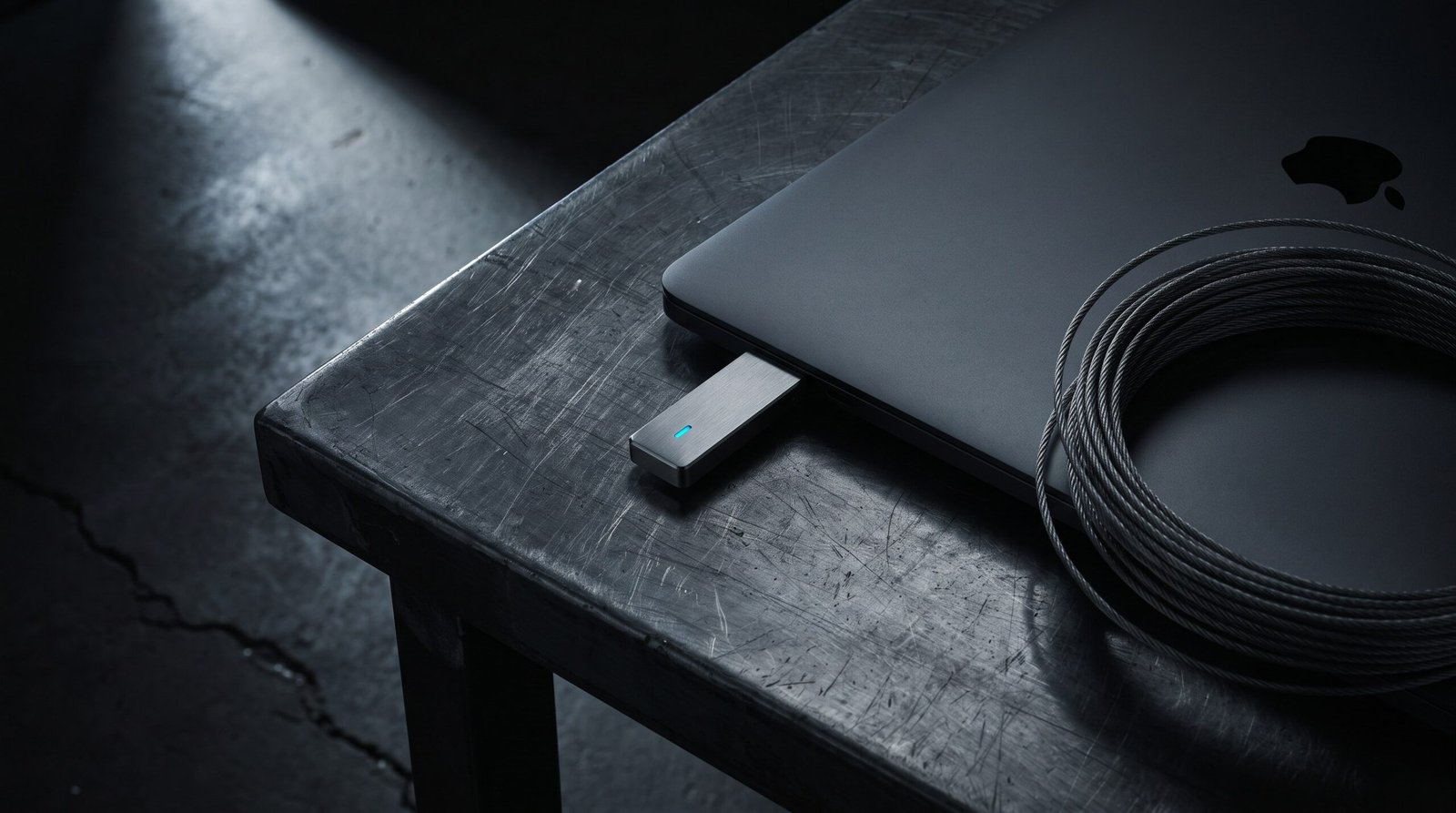 Tech-noir editorial image: a small steel hardware crypto token plugged into the side of a dark laptop on a scratched steel bench, one dim cyan light.