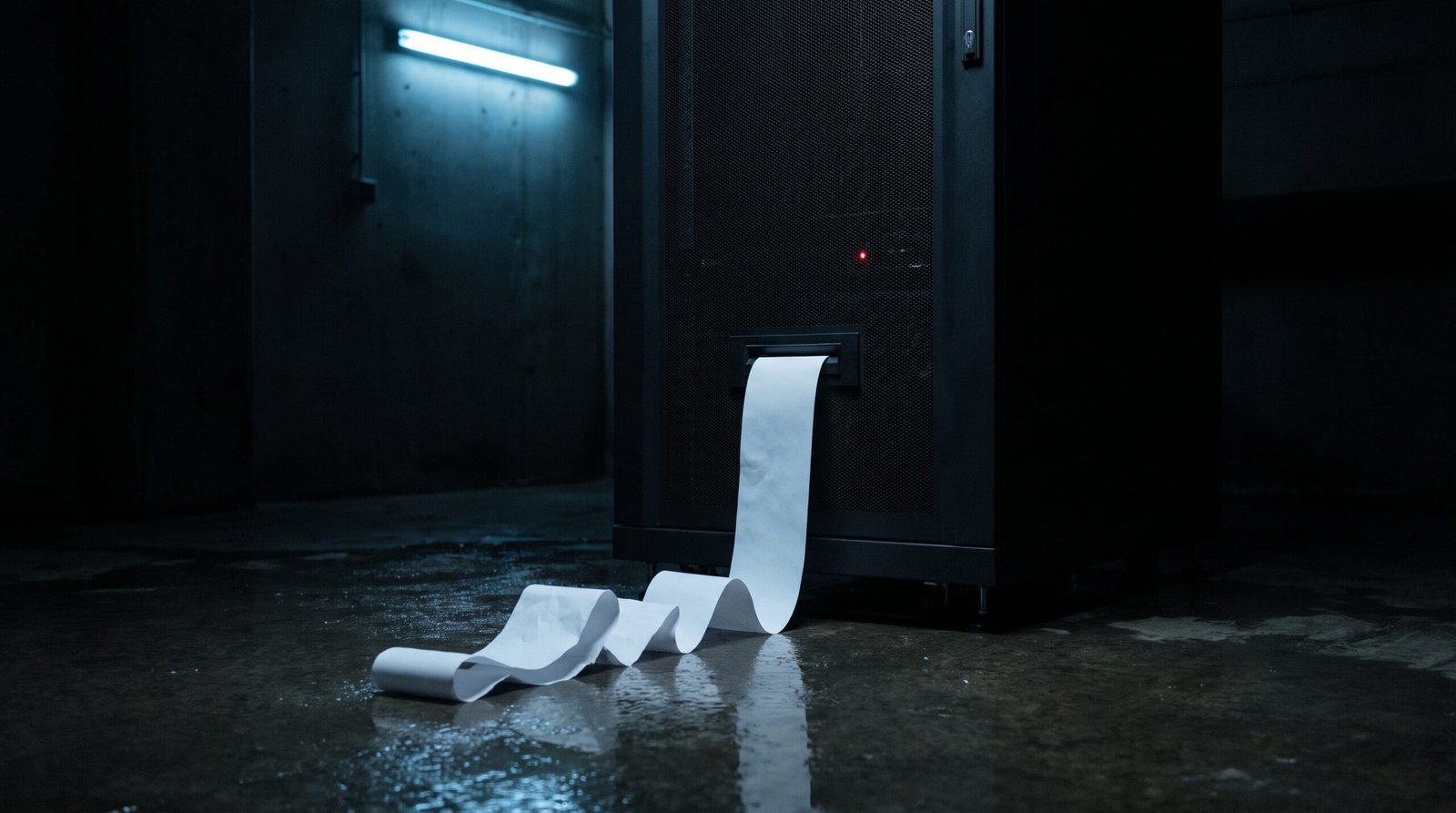 Tech-noir editorial image: a long cold-white printed strip unspooling from a slot at the base of a dark steel server rack across a wet concrete floor, one small red light on the rack.
