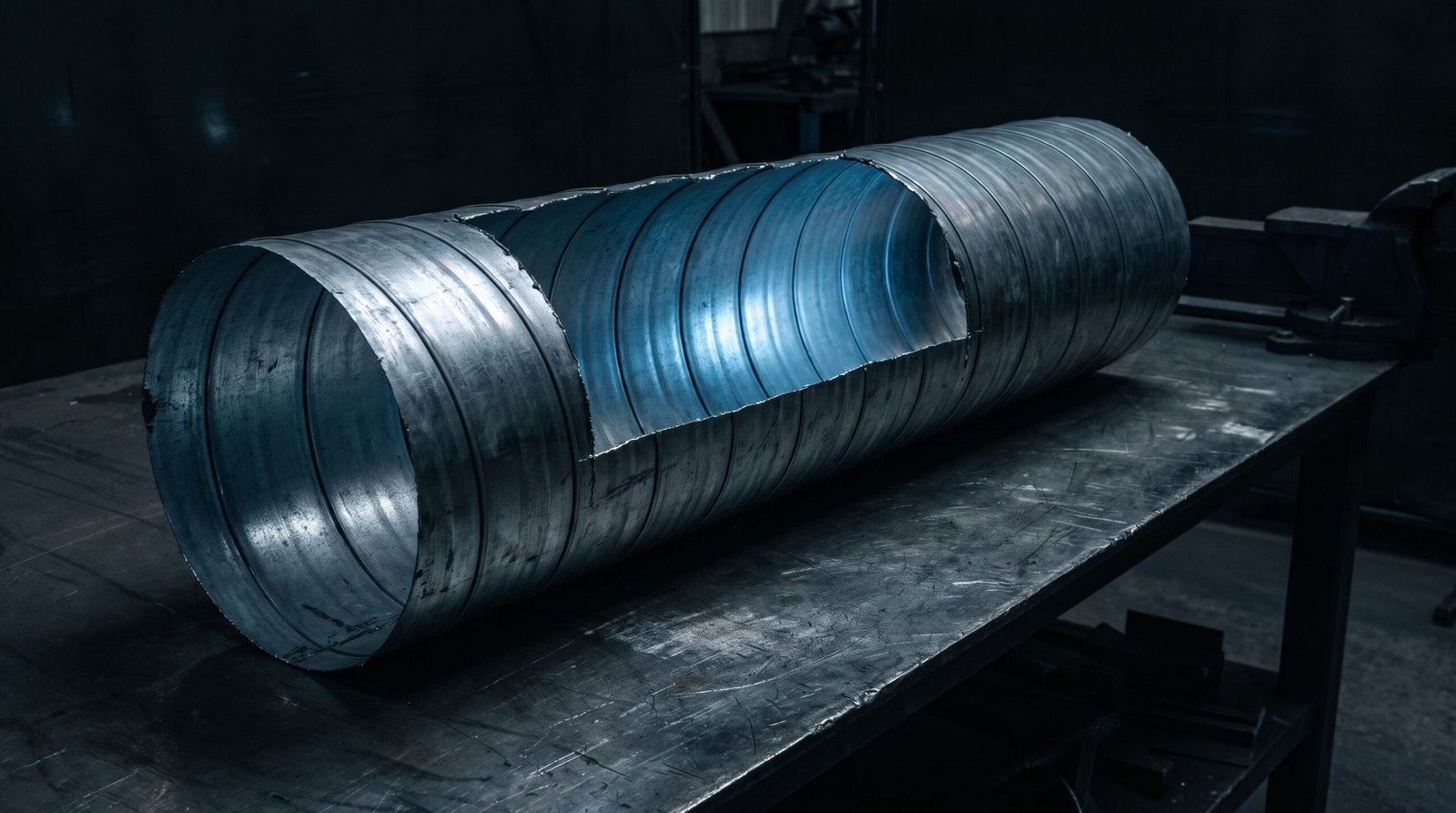 A section of corrugated steel ducting cut open and laid on a steel bench, cold blue light spilling from inside the open section, scratched steel and deep black surroundings, single cold source, deep blacks and charcoal with a restrained cold blue accent, no people, no text, no logos.