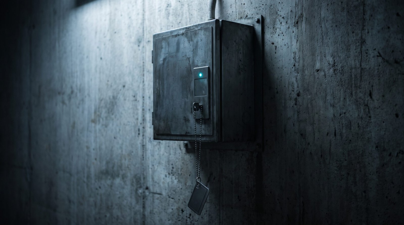 A wall-mounted steel access concentrator box on a concrete wall, one small cyan indicator lit, a steel keycard fob on a thin chain hanging below it, cold grey-blue light, deep blacks and charcoal, single cold source, no people, no readable text, no logos.