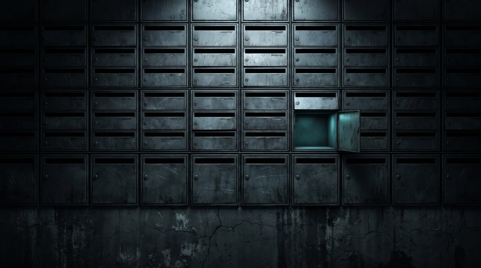 A straight-on flat elevation of a wall of small dark steel letterbox-style slots arranged in a tight grid, most slot fronts closed and unlit, one single slot standing open with a faint cold cyan glow inside, scratched steel and cracked dark concrete below, deep blacks and charcoal with one restrained cold cyan accent, single cold source from above, no people, no logos.