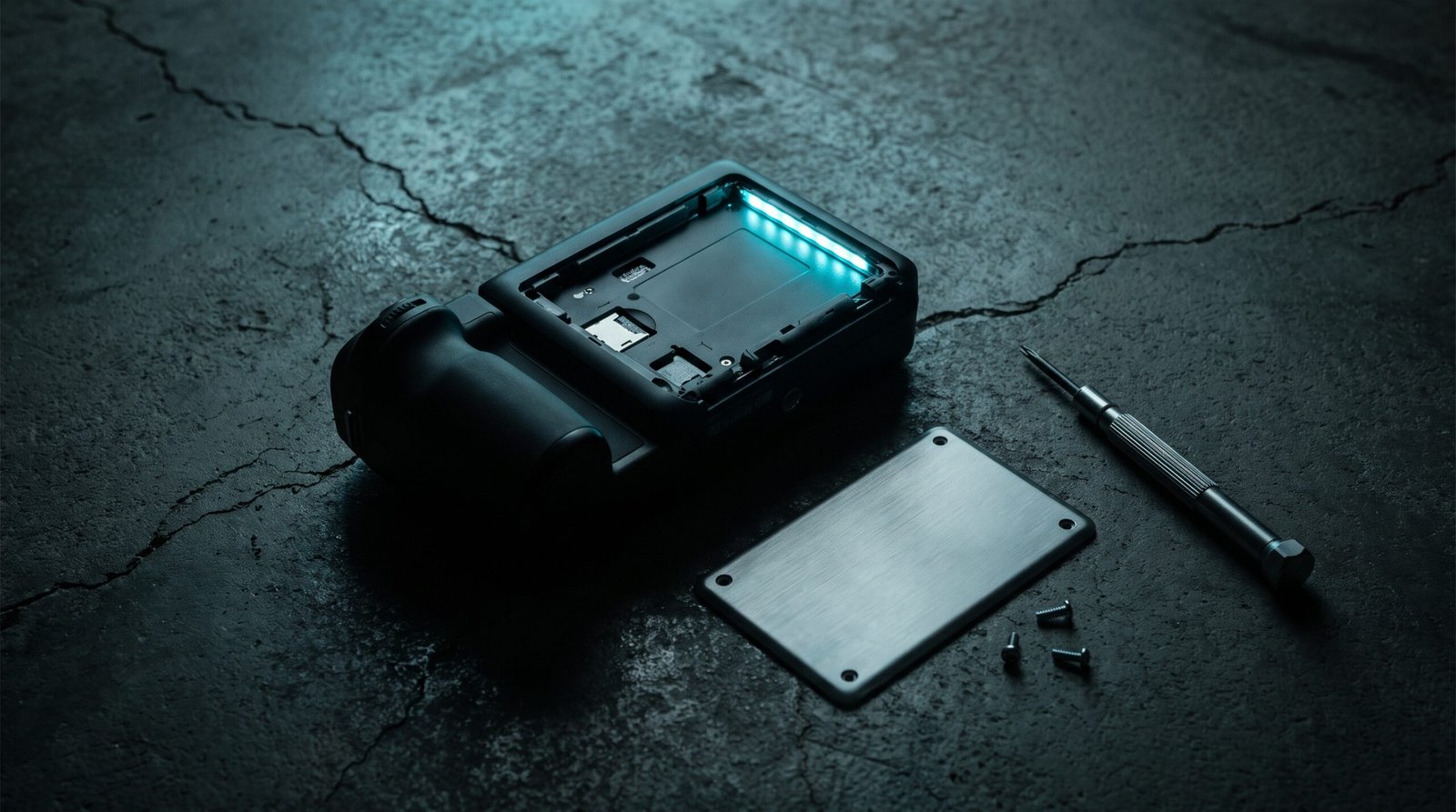 A partly disassembled black handheld device on cracked dark concrete, its steel back plate and two small screws removed and laid beside it, a steel precision screwdriver set down nearby, a single cold cyan LED strip along the back edge of the frame, deep blacks and charcoal with one restrained cold cyan accent, single cold source, no people, no logos.