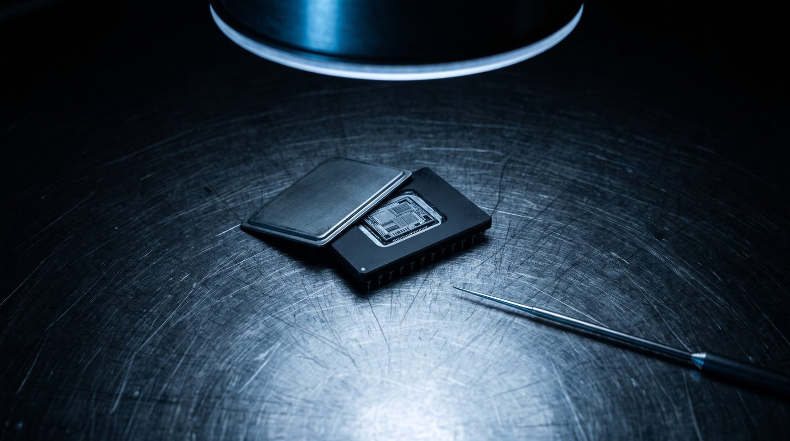 A small black epoxy chip with its metal lid lifted off on a scratched steel workbench, a tiny exposed silicon die under the lid, a fine steel probe resting beside it, cold blue lamp light from directly above, deep blacks and charcoal with a restrained cold blue accent, no people, no text, no logos.