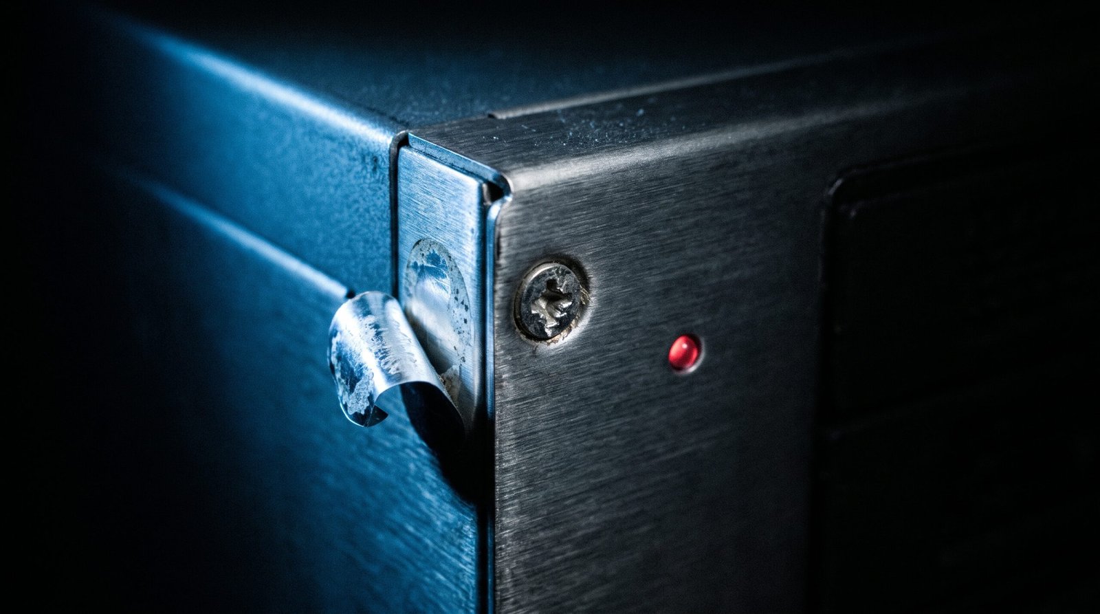 A macro close-up of the corner of a dark steel network appliance with a stripped chassis screw and a peeling tamper-evident seal curling away from the seam, one small electric red status LED on the panel face, cold blue light raking across brushed steel, deep blacks, no people, no readable text, no logos.