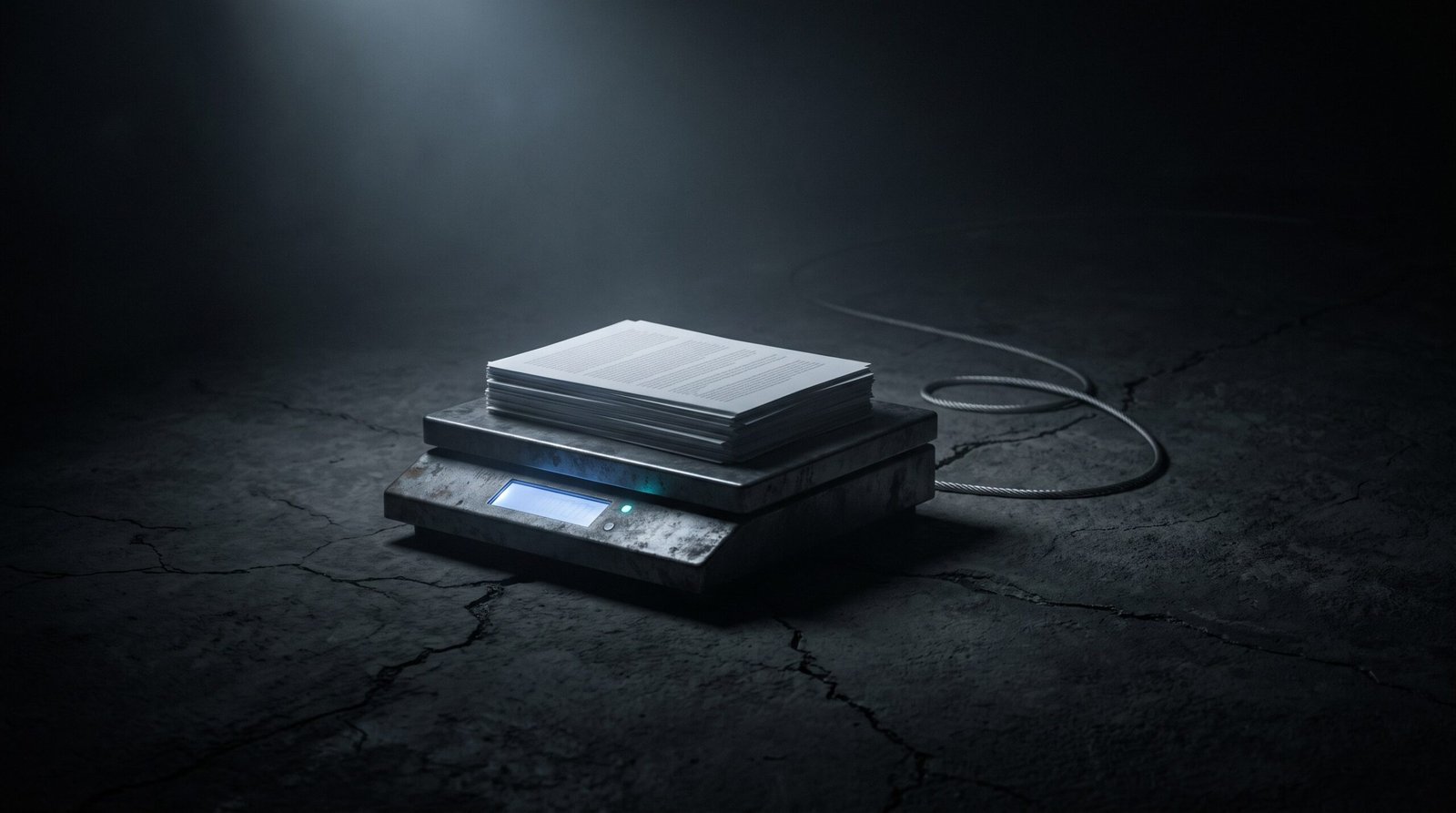 Tech-noir editorial image: a small cold-steel bench scale on cracked concrete with a stack of cold-white printed pages on the pan, the scale display glowing cold blue.