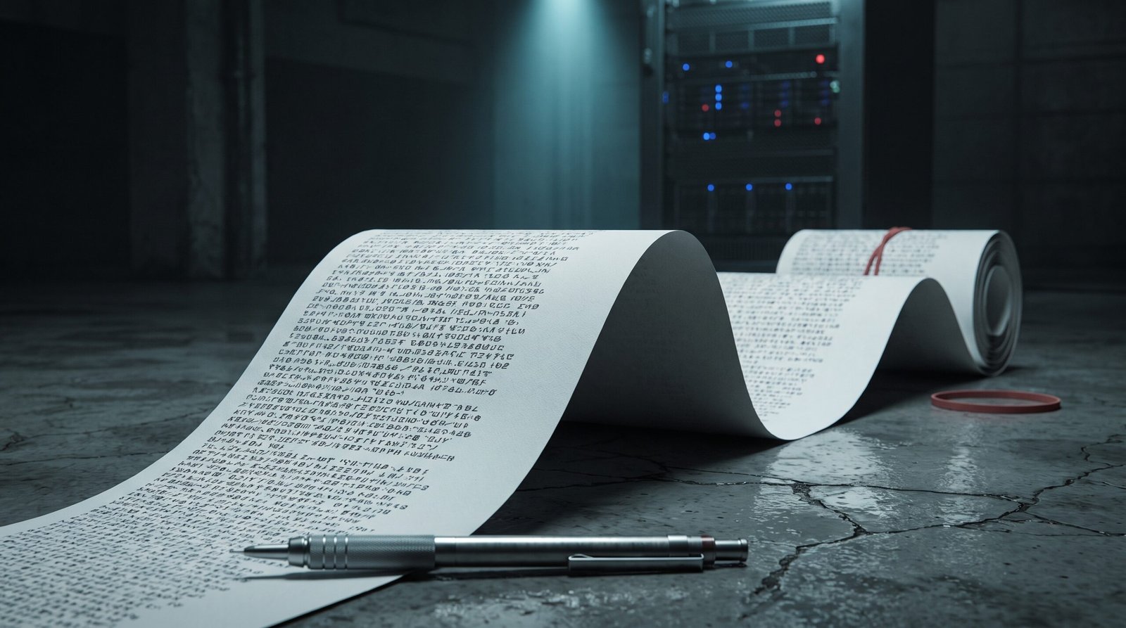 A long continuous paper printout of dense monospaced computer code unfurled across a cracked dark concrete floor in a long S-curve, the text on the printout rendered only as illegible monospaced character shapes not real readable text, a single steel mechanical pencil resting at the leading edge, a slim red rubber band looped around the rolled end, a steel server panel with dim cyan and red LEDs visible out of focus in the background, single cold cyan overhead light, deep charcoal and steel grey palette with one muted red accent, 16:9 widescreen editorial photography, dramatic chiaroscuro, no people no readable text no logos, no warm tones no amber no tungsten no parchment no sepia.