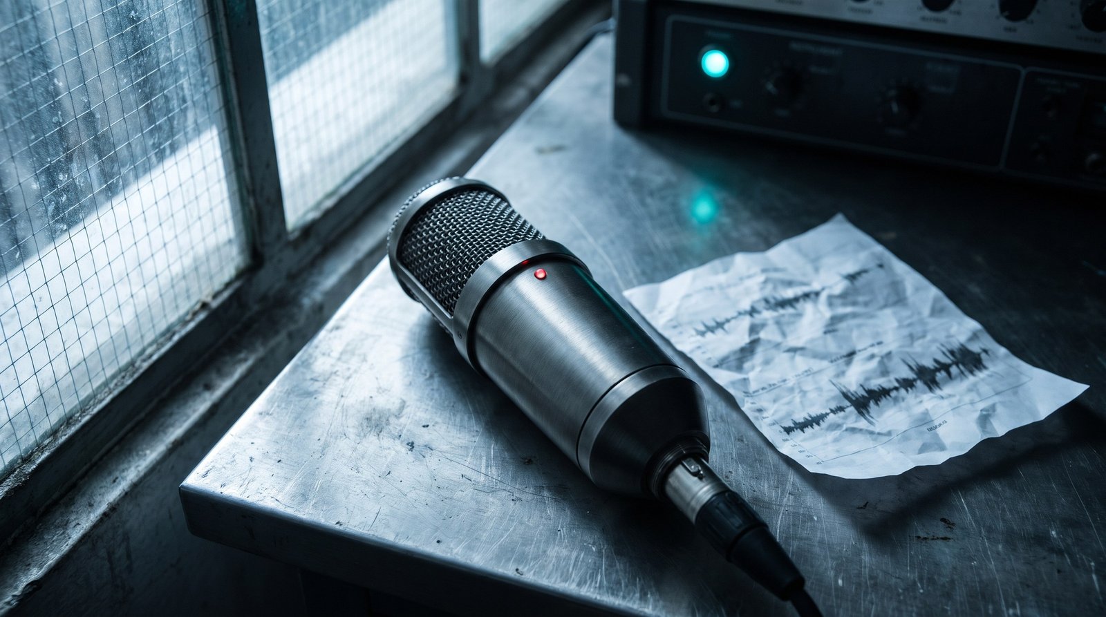 Tech-noir editorial image: a studio microphone on a cold steel desk with a thin printed waveform sheet beside it, a single red LED on the mic body.
