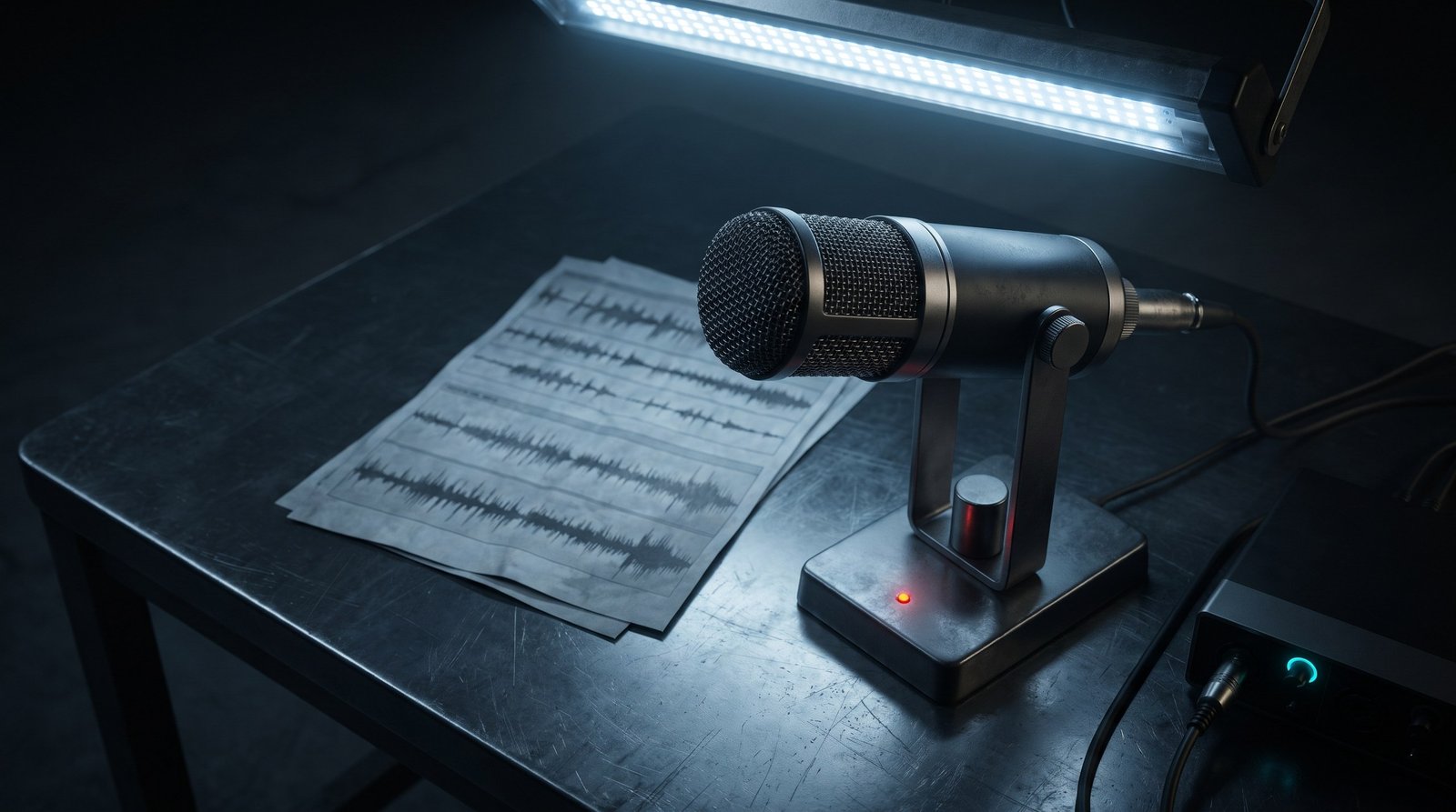 Tech-noir editorial image: a cold studio microphone on a steel desk with a printed waveform sheet.