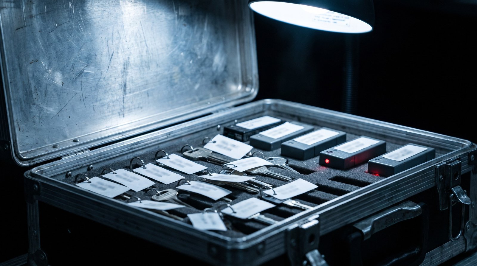 Tech-noir editorial image: an open steel instrument case holding keys and small modules, each with a paper label.