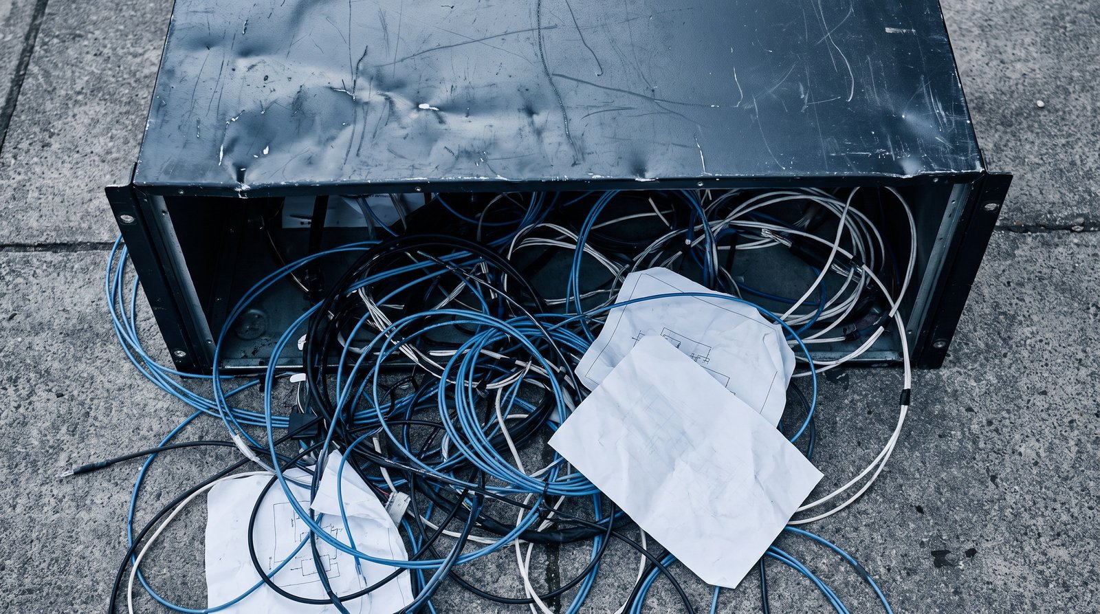 Tech-noir editorial image: a battered firewall chassis with the front panel removed, fibre leads spilling onto concrete.