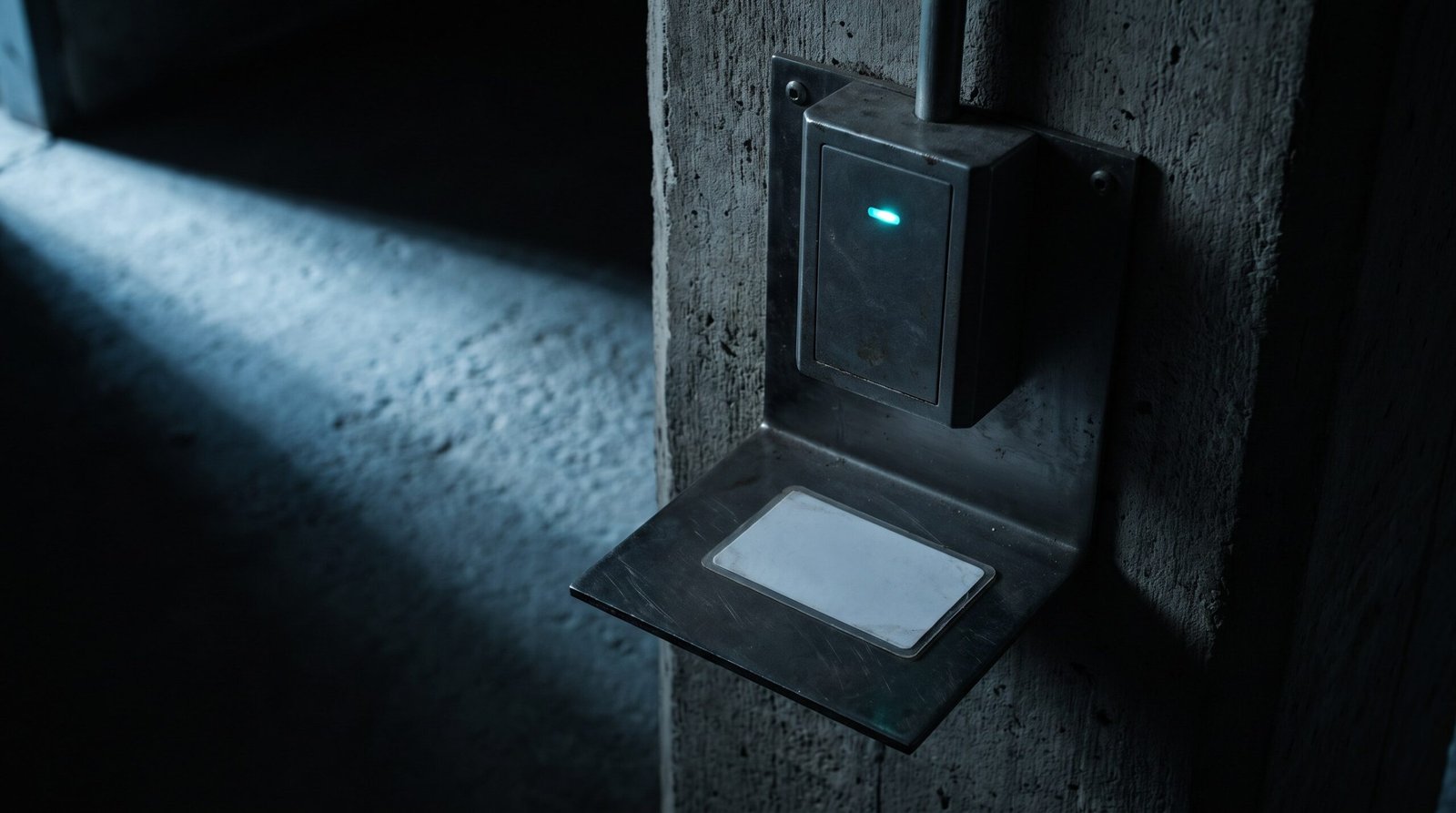 Tech-noir editorial image: a small steel badge reader on a concrete pillar with one blank laminated visitor card face down on its base plate, one dim cyan light.