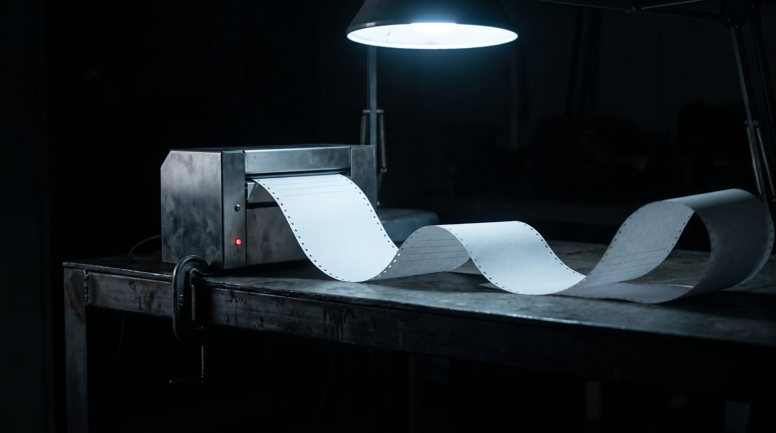 Tech-noir editorial image: a small steel continuous-feed printer on a dark steel bench with a long cold-white printed listing spilling out, one small red light on the printer.