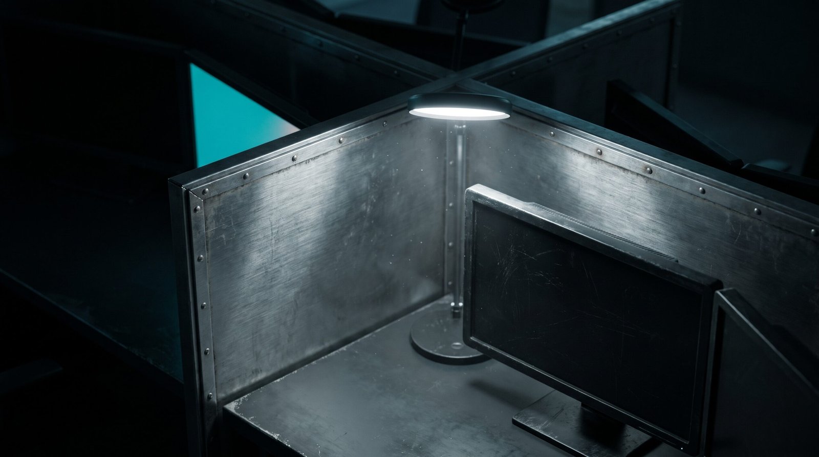 Tech-noir editorial image: a small three-person security operations room built from steel partitions, three empty cold-lit workstations with worn monitor bezels and one lit cyan screen facing away from camera.