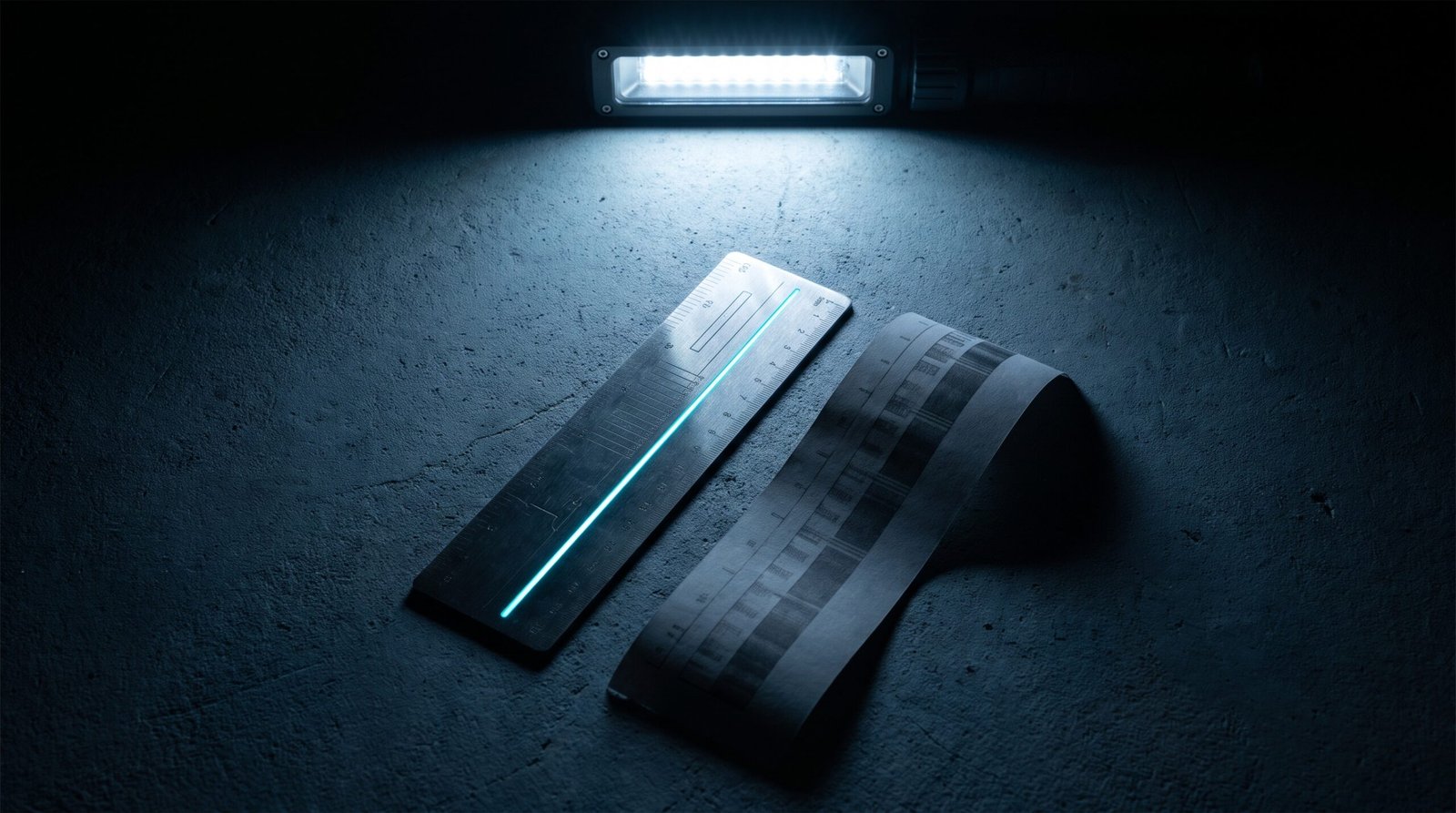 Tech-noir editorial image: a steel detection rule card with one cold cyan line highlighted, a printed log strip beside it.