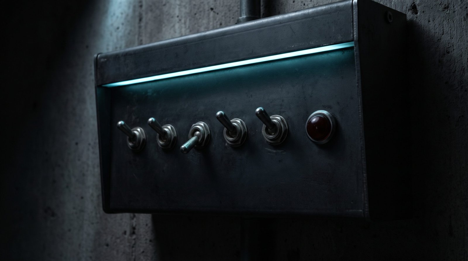 A wall-mounted dark steel control panel with a row of small steel toggle switches, one switch set to a different position from all the others, a single unlit red pilot lamp beside the row, cold cyan edge light along the panel top, concrete wall behind, deep blacks and charcoal, single cold source, no people, no readable text, no logos.