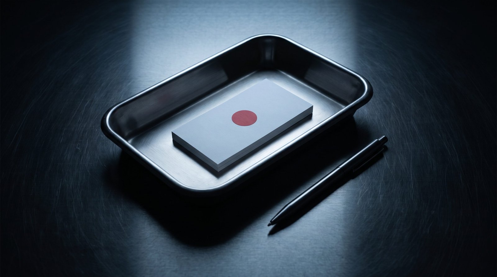 A shallow steel triage tray on a brushed steel desk holding a small stack of printed white alert slips with one slip marked by a single flat red print, a steel pen laid beside the tray, cold blue-grey light from above, deep blacks and charcoal, single cold source, no people, no readable text, no logos.