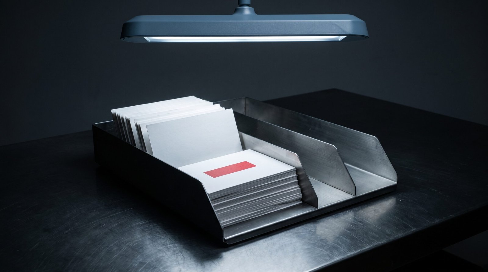 A shallow steel sorting tray on a steel desk holding a stack of plain white index cards with steel dividers, one card carrying a single flat red printed mark, cold blue-grey light from above, deep blacks and charcoal, single cold source, no people, no readable text, no logos.