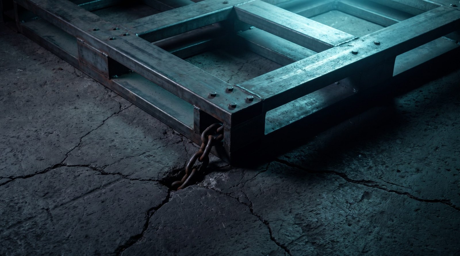 A heavy steel pallet frame bolted into cracked dark concrete with a thick steel chain link threaded through one of the frame openings, cold cyan light from above-right, deep blacks and charcoal with one cold cyan accent, single cold source, no people, no text, no logos.