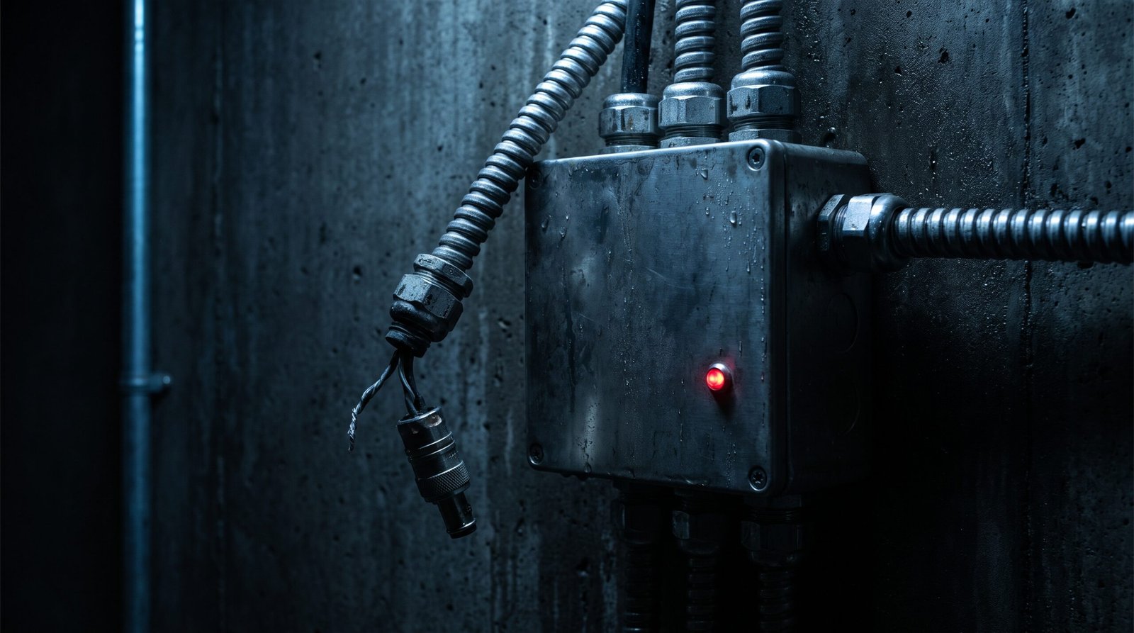 A steel junction enclosure with a bundle of steel-jacketed cables entering through cable glands, one connector pulled free and hanging loose, a single electric red LED on the enclosure face, cold blue light, deep blacks and charcoal, single cold source, no people, no readable text, no logos.