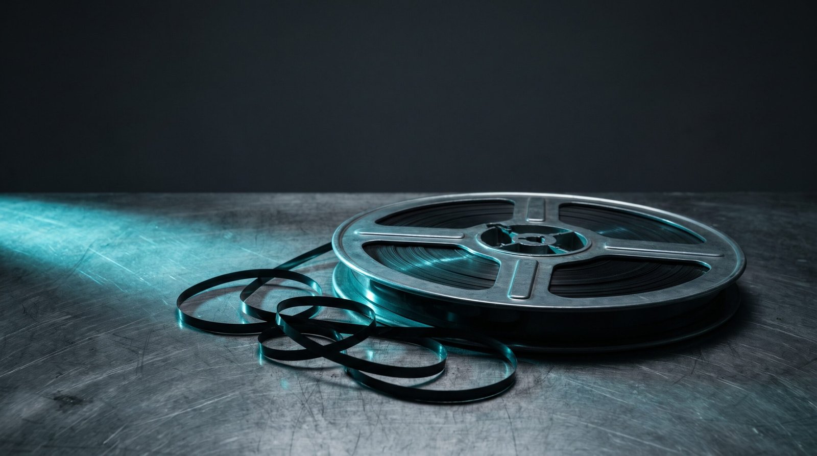 A steel reel of thin magnet tape lying on its side on a brushed steel bench, the tape loosely tangled around the reel, cold cyan light raking from the left, deep blacks and charcoal with one cold cyan accent, single cold source, no people, no text, no logos.