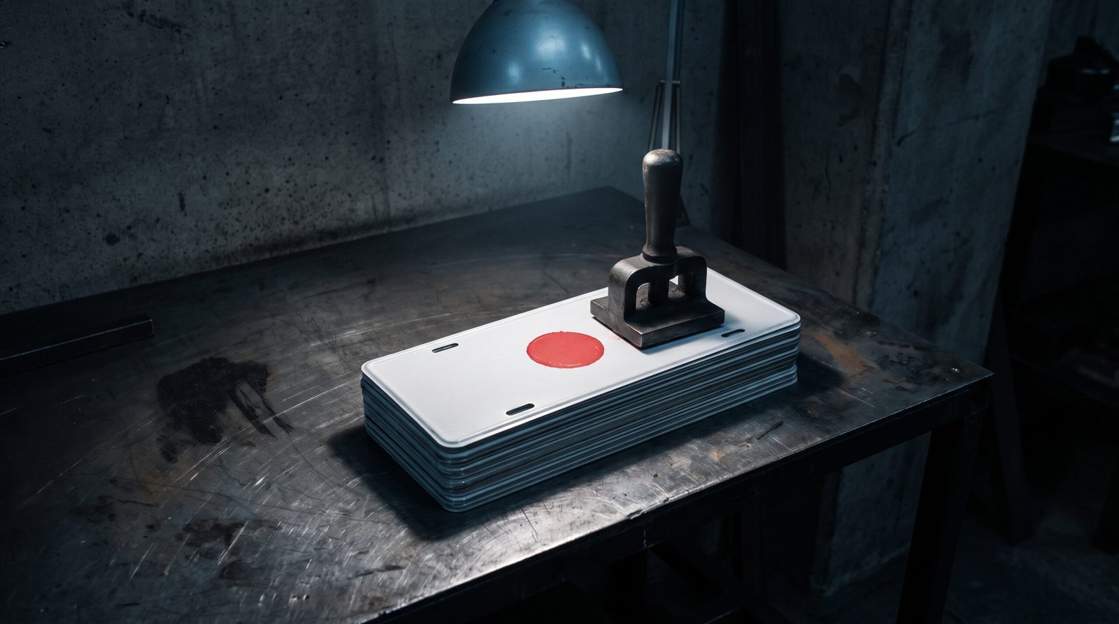 A stack of plain white licence sheets on a steel desk with a heavy steel stamp tool resting on top and one sheet carrying a single flat red printed mark, cold blue-grey light from above, deep blacks and charcoal, single cold source, no people, no readable text, no logos.