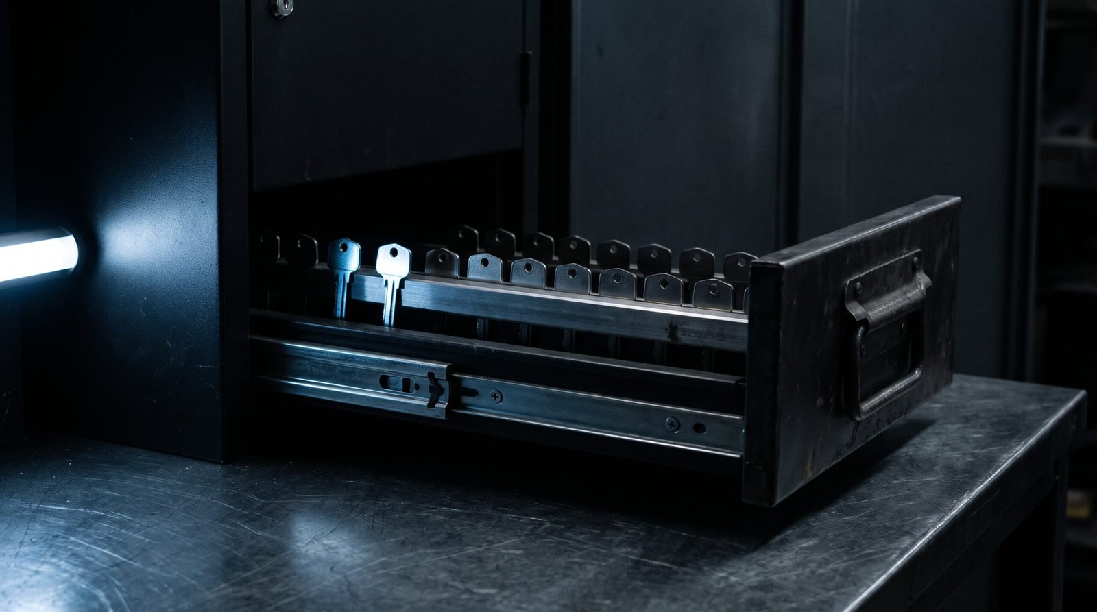 A steel rack drawer pulled half open on a dark steel desk, a row of small steel key blanks seated on a steel rail inside the drawer, one blank catching the cold blue light, matte black background, deep blacks and charcoal with a restrained cold blue accent, single cold source from the left, no people, no text, no logos.