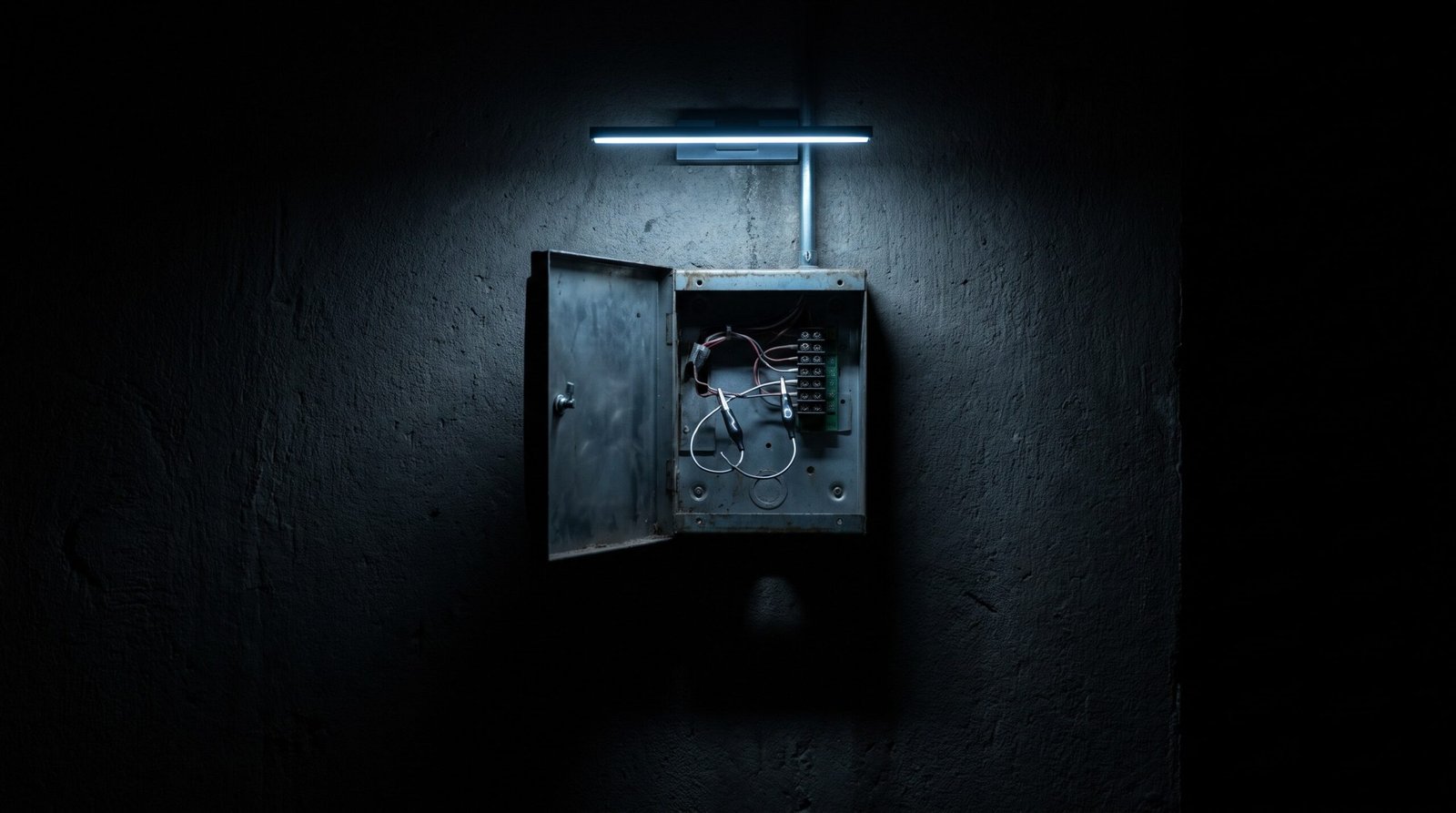 Tech-noir editorial image: a wall-mounted steel access reader with its cover removed and a bare steel jumper clipped across the exposed contacts on a dark concrete wall.
